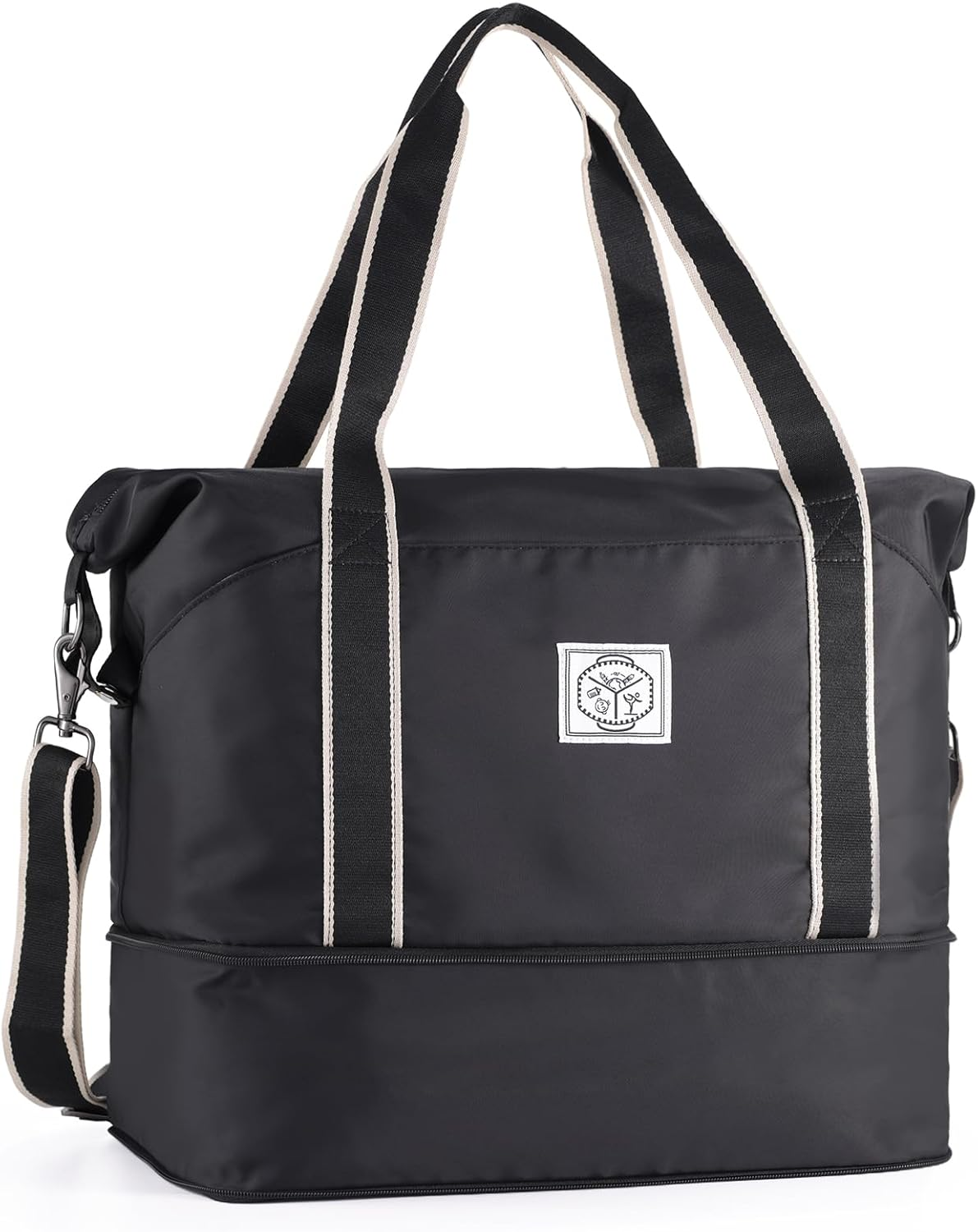 WALNEW Travel Duffle Bag, Carry on Bag for Women Men, Foldable Overnight Weekender Duffel Bags, Large Gym Tote Bag with Metal Buckle Detachable Shoulder Strap and Wet Compartment, Black