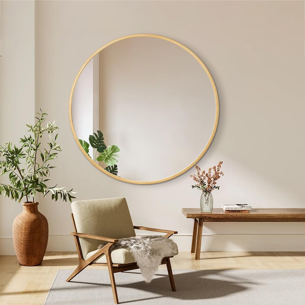 Log Colour round Solid Wood Wall Mirror 100Cm Modern Minimalist Design Large Decorative Wall Accent for Living Room Bedroom Entryway Hallway D&eacute;cor Piece image number 1