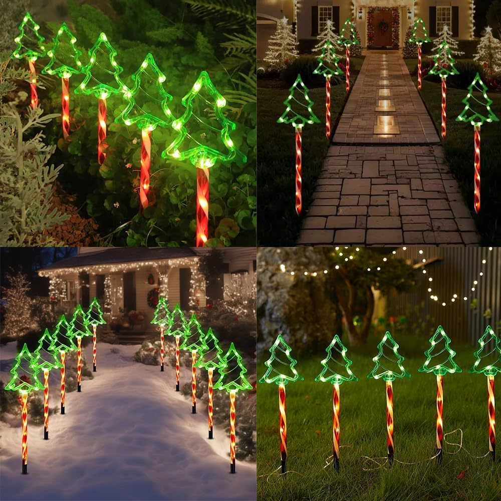 5 Pack Christmas Solar Pathway Lights Outdoor Decorations, 8 Modes Christmas Tree Candy Lights with 70 Leds, Waterproof Xmas Garden Stake Lights for Walkway Yard Lawn Porch Holiday Decor image number 4