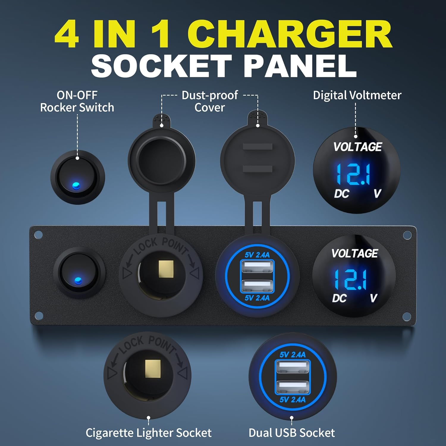 4 in 1 Charger Outlet Socket Panel 12V DC 4.8A Dual USB Power Outlet & 12 Volt Cigarette Lighter Socket & LED Voltmeter & Lighted On/Off Rocker Toggle Switch for Marine Boat Truck RV Car image number 1