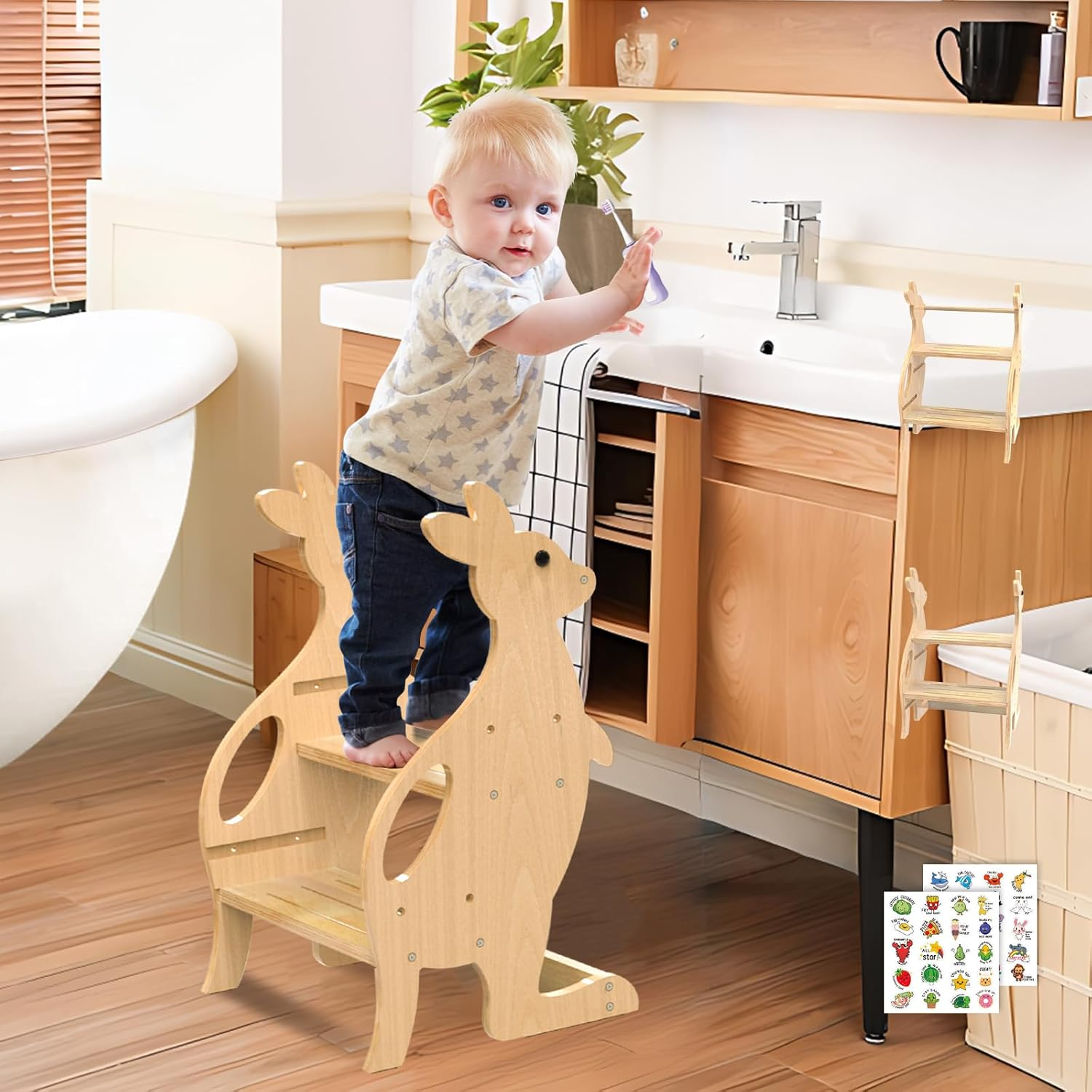 Wooden Kitchen Step Stool Helper for Bathroom Sink, Adjustable 2 in 1 Toddler Tower with Safety Rail and Anti-Slip Steps, Kids Learning Standing Tower for Counter, Toilet Potty Training (Natural)