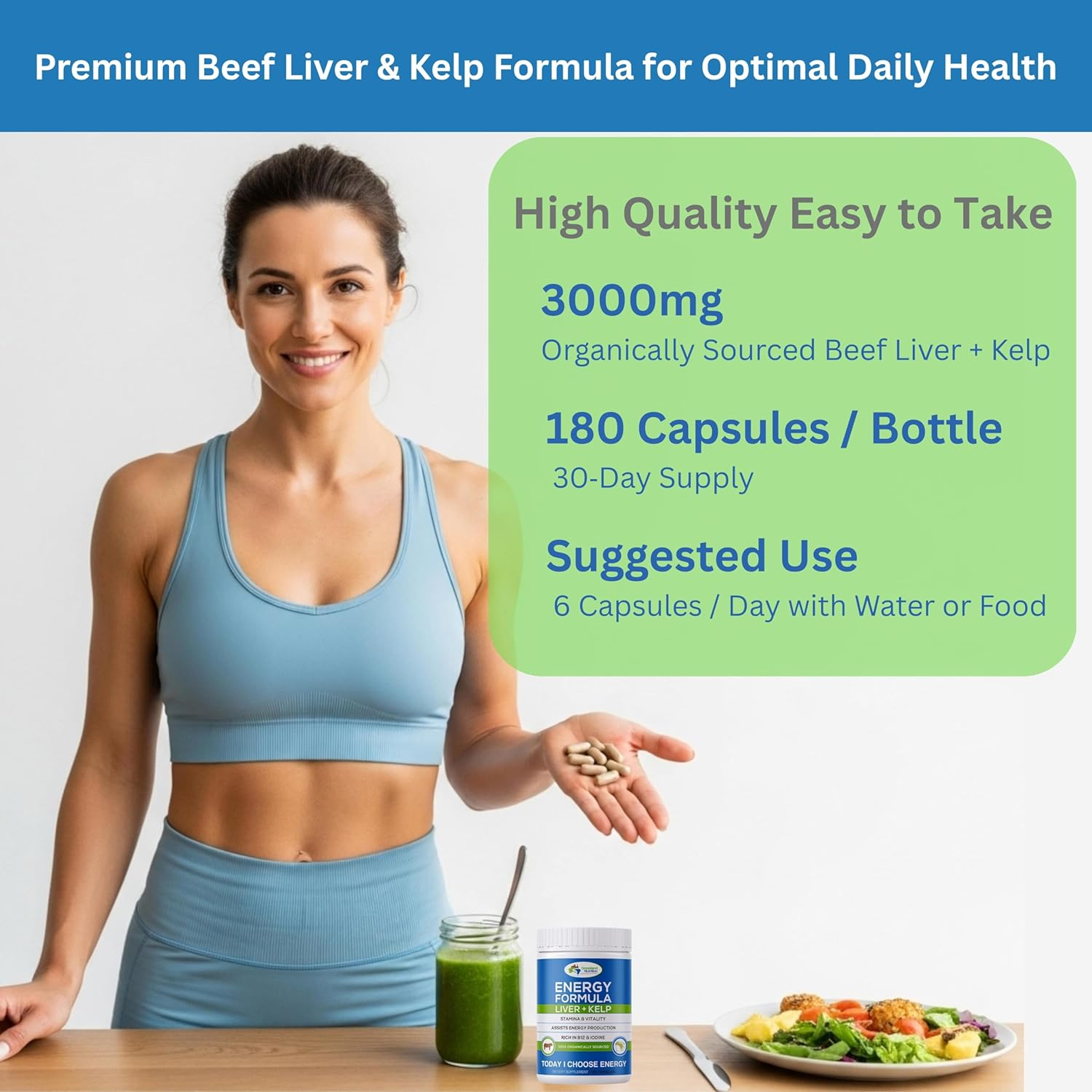Grass Fed Beef Liver with Wild Harvested Kelp 100% Organically/Halal Sourced 2-IN-1 Energy Formula &mdash; Natural B12, Iodine, Iron & Vitamin a (180 Capsules) image number 4