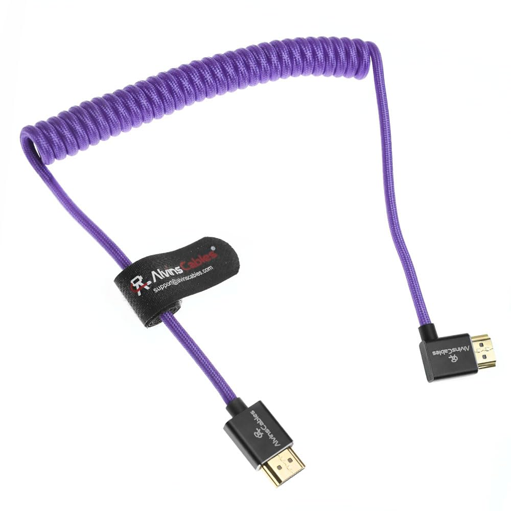 Alvin'S Cables 8K HDMI 2.1 Cable for Atomos Ninja V Monitor,For Sony FS5 Fs7,Bmpcc,For Canon C300 C500 Camera,8K@60Hz 4K@120Hz 48Gbps High-Speed Braided Coiled Cable Left Angle Purple