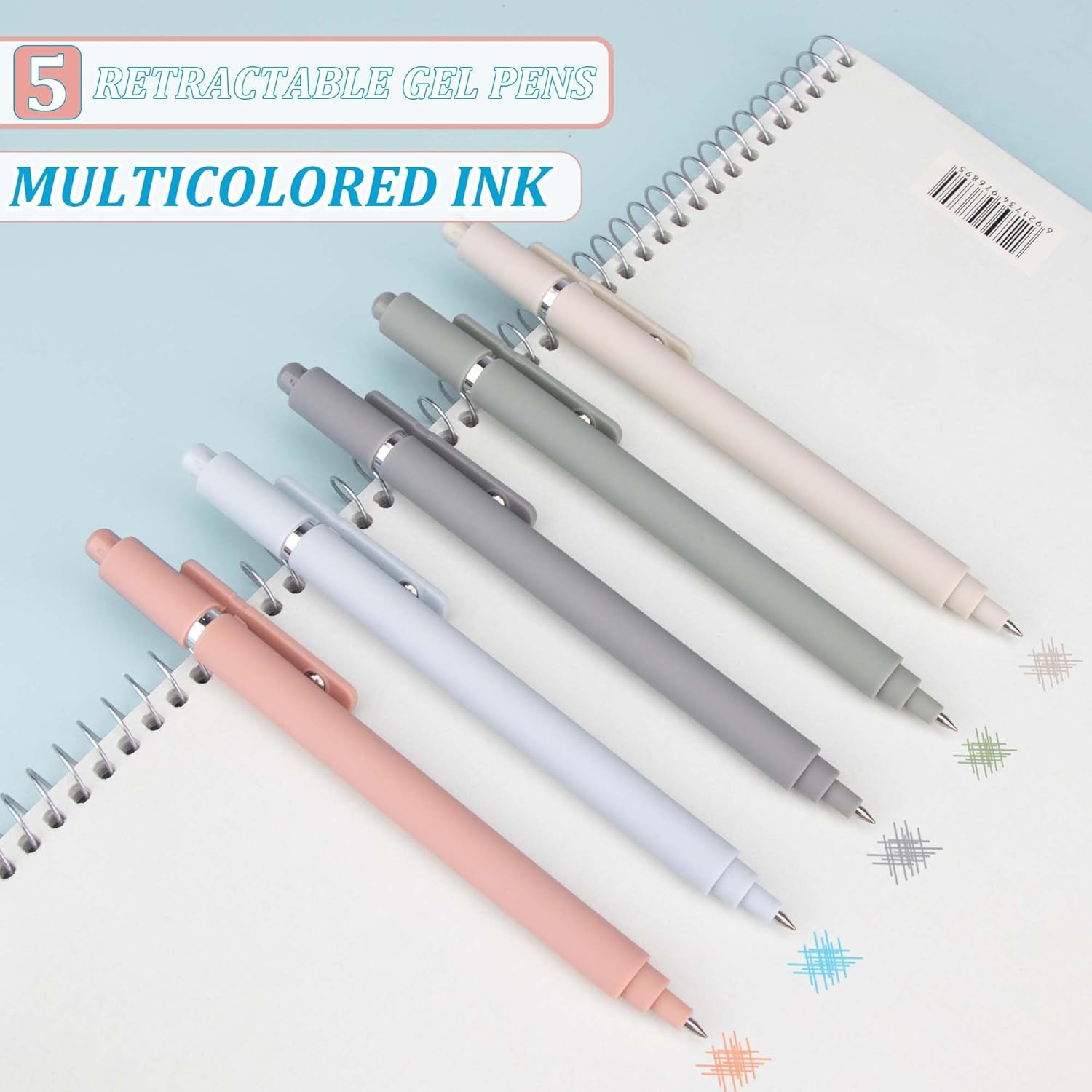 YUNAI Retractable Gel Pens, 5PCS 0.5Mm Colored Ink Ballpoint Pens with Silicone Clip, Premium Smooth Writing Quick Dry Ink Fine Point Rollerball Pens for School Home Stationery Supplies, Light Color - Light Colors-Multicolor Ink image number 5