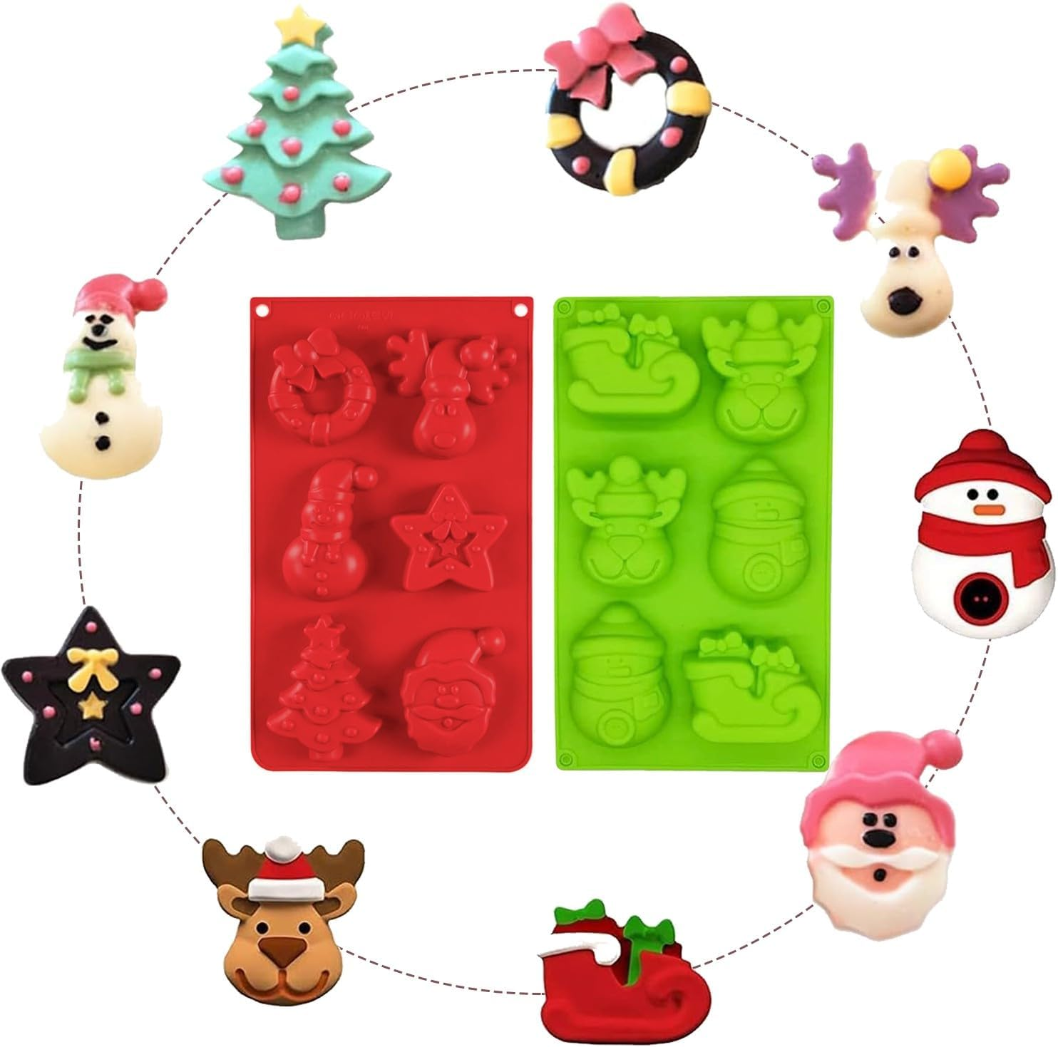 VIKKI Christmas Silicone Molds, 2Packs Large 6 Cavities Christmas Tree Socks Bells Cake Moulds Soap Candy Chocolate Muffin Jelly Trays Baking Molds for New Year Xmas Cake Decoration image number 3