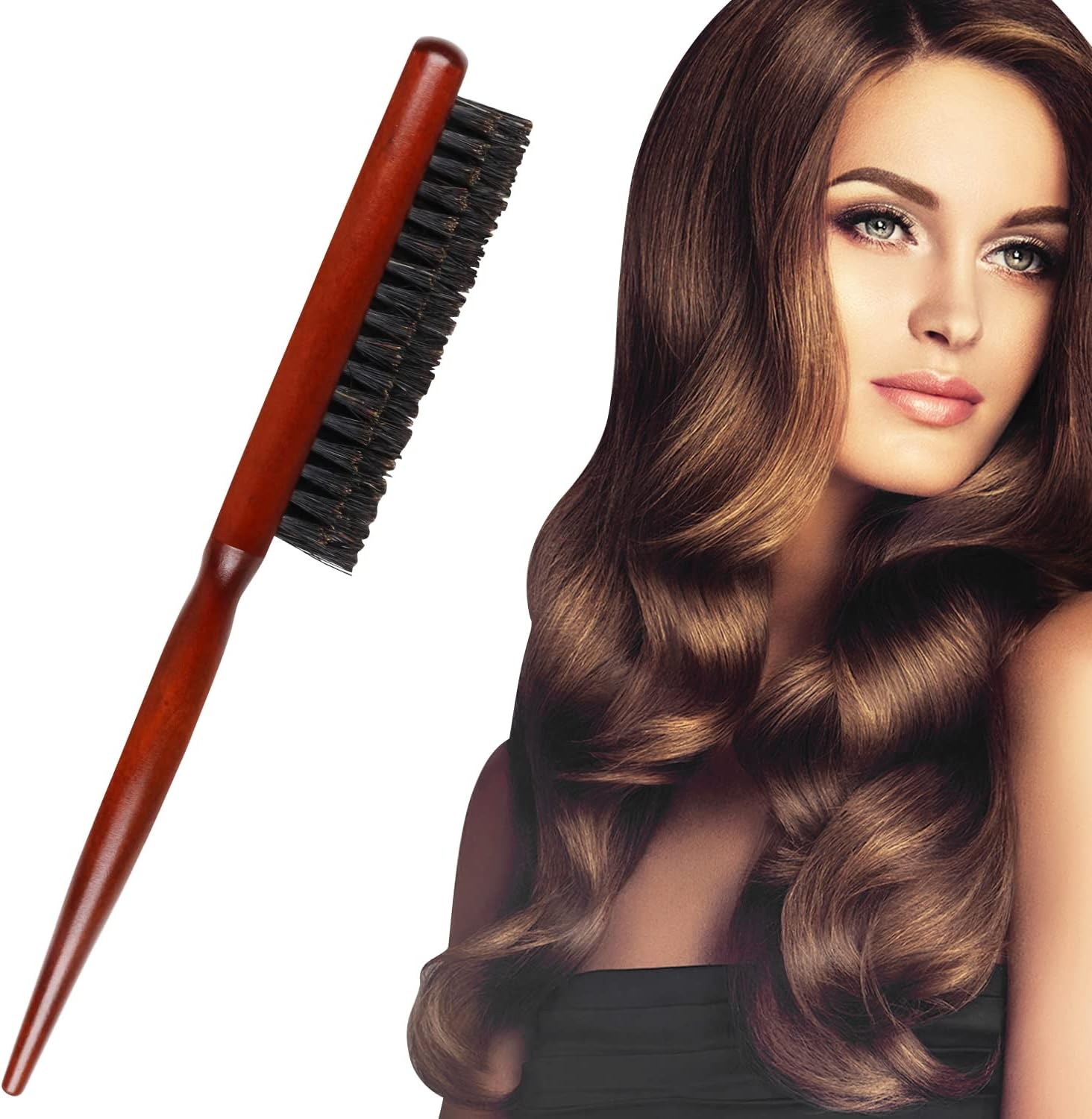 Boar Bristle Teasing Hair Brush for Women Wooden Teasing Comb with Rat Tail Pick for Hair Sectioning Used for Edge Control, Backcombing, Smoothing, and Styling Fine Hair to Create Volume image number 2