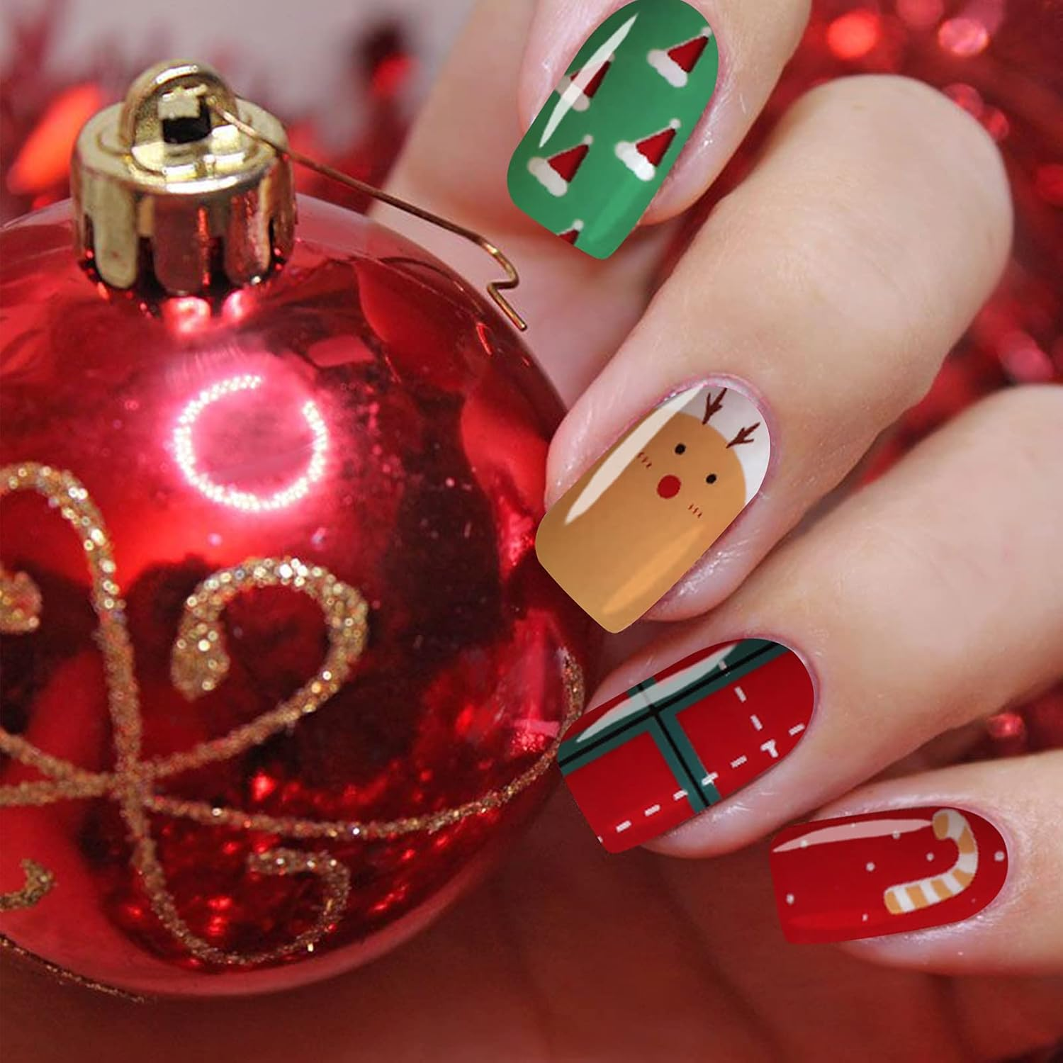 EBANKU Christmas Adhesive Nail Polish Stickers 8 Sheets Full Wraps Nail Art Adhesive Decals Christmas Manicure Decal Kit for Woman Girls(With 1Pcs Nail File) image number 1