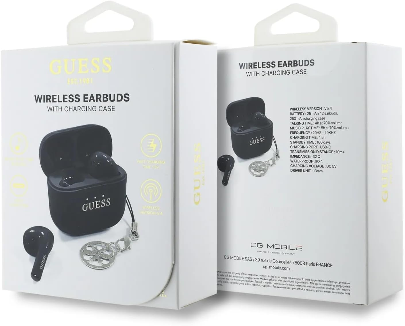 CG MOBILE Guess Charm TWS Wireless Headphones with Gloss Effect and Classic Logo Print - Black image number 1