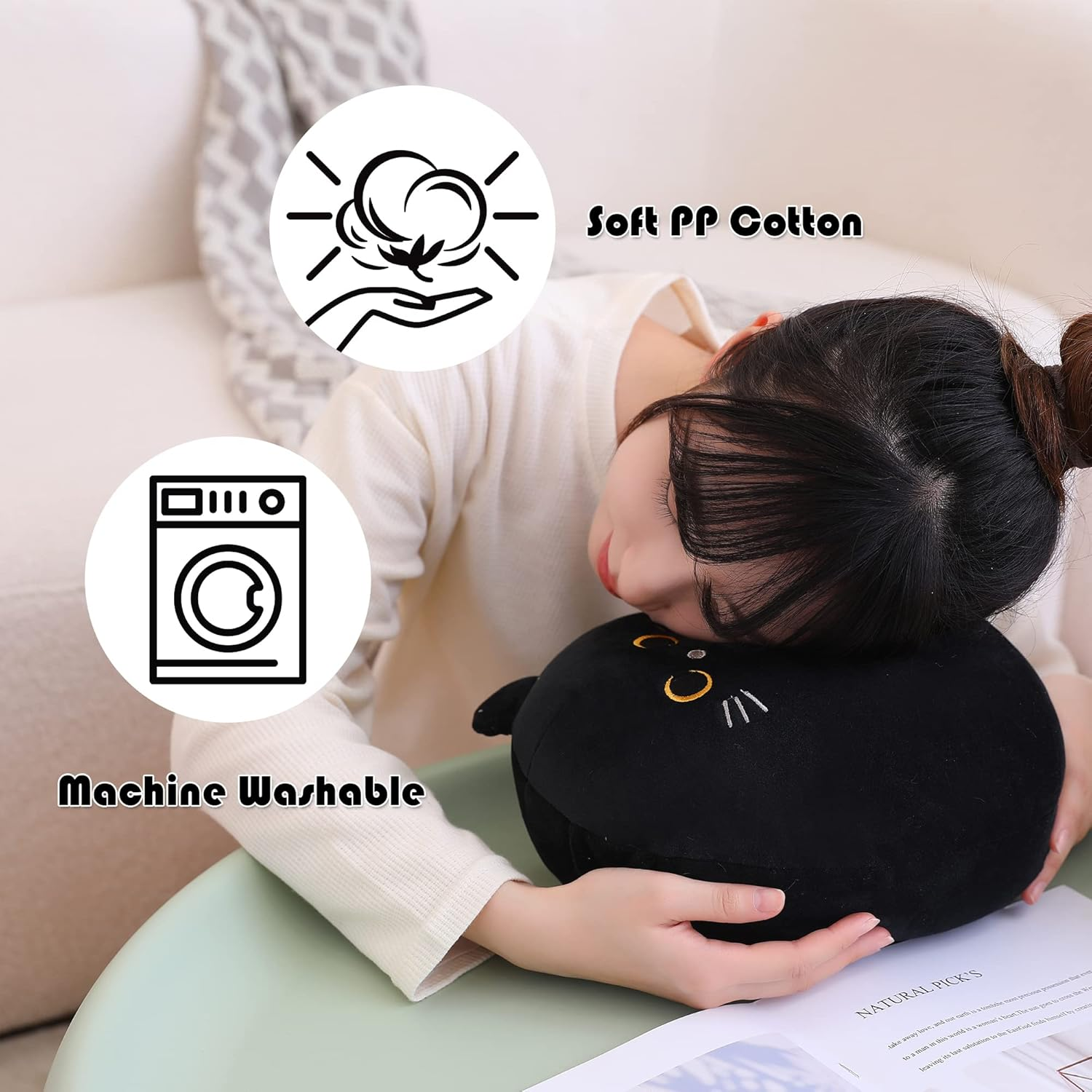 SQEQE Cat Plush Pillow Kawaii Stuffed Animal Fluffy Cartoon Cat Plushies Cat Plushie Doll Toys Soft Shape Design Stuffed Animals Gifts for Kids(Black, 10 Inch) image number 4