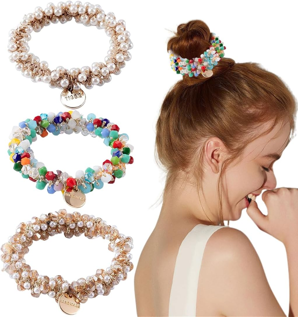 EYVRPAU Pack of 3 Hair Bobbles with Pearls Elastic Stretchy Hair Accessories for Women and Girls