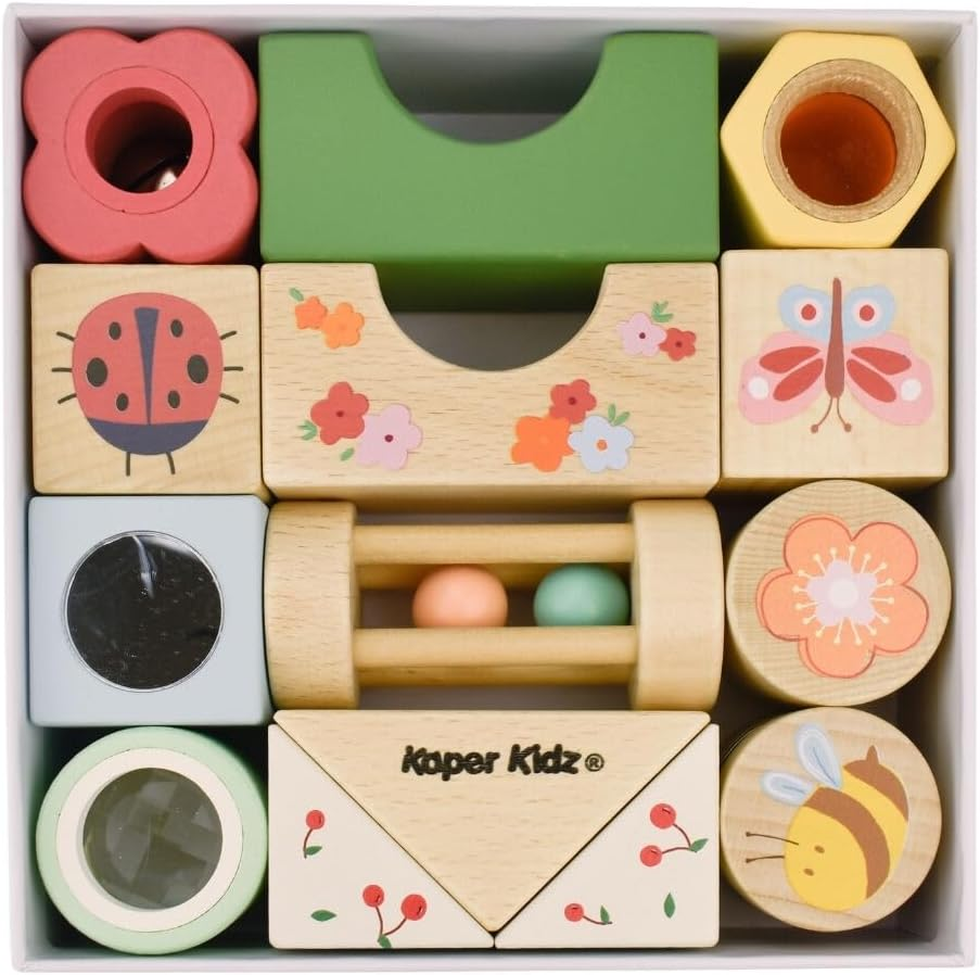 Kaper Kidz - Wooden Spring Insect Activity Blocks 14PCS | Beautifully Decorated Wooden Blocks with Flowers and Interactive Shapes
