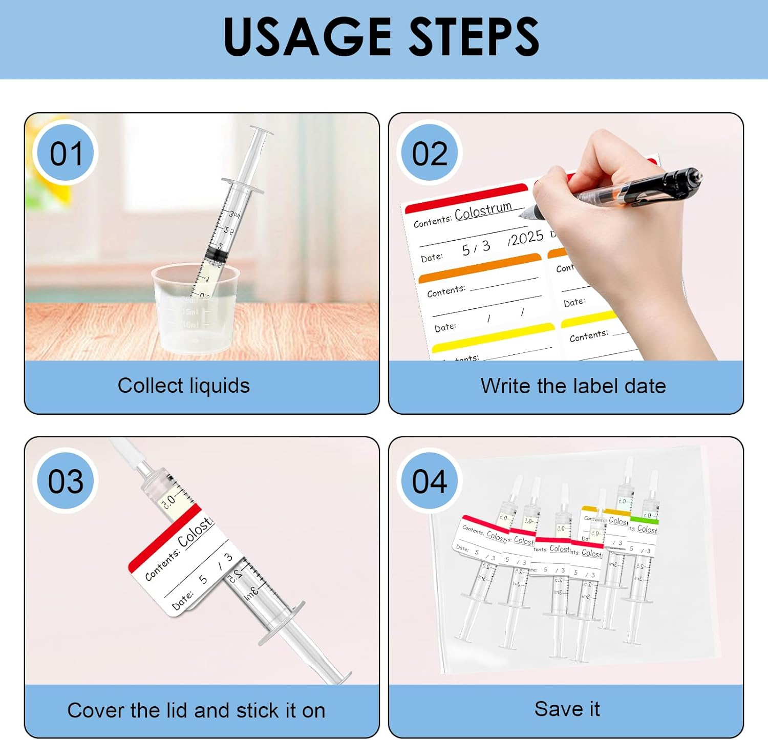 22 Pcs Colostrum Collector Kit, 10 Sterile Sealed Breast Milk Collector(3 ML) - Syringe No-Needle with Sealed Caps 10 Stickers 1 Colostrum Collection Measuring Cup(20Ml) 1 Slide Lock Storage Bag for Breastfeeding image number 1