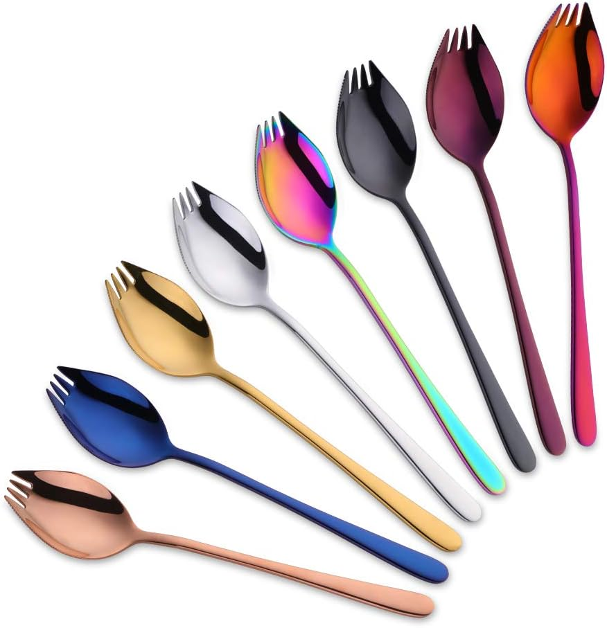 SBOMHS Titan Spork Metal Spork Stainless Steel 8 Pieces 3 in 1 Fork Spoon Knife Combination Silver Serrated Spork Length 19 Cm to Go Camping Cutlery Travel Outdoor Picnic