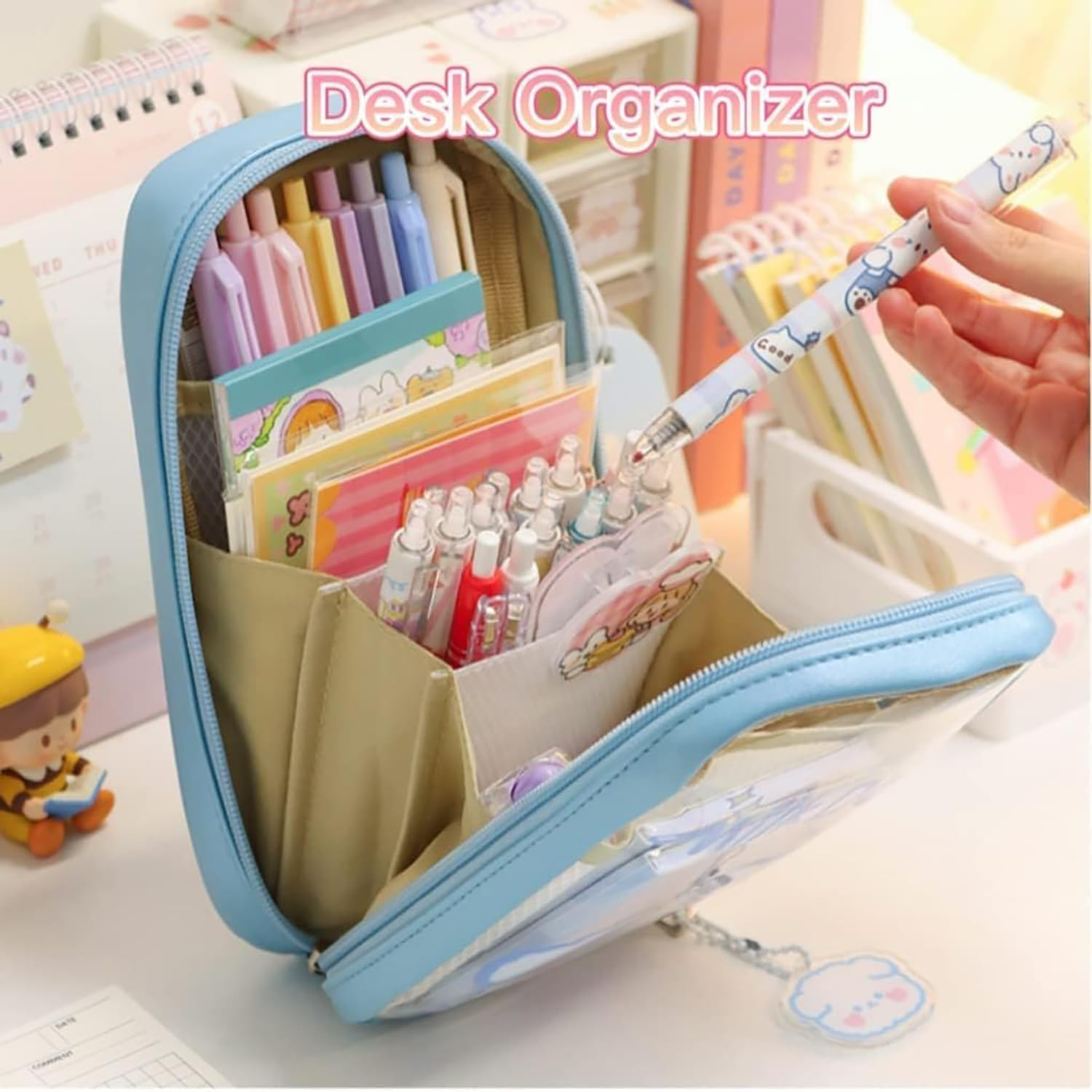 Kawaii Aesthetic Pencil Case, Clear Pouch, Large Capacity, Cartoon Stationery Bag, Pink image number 3