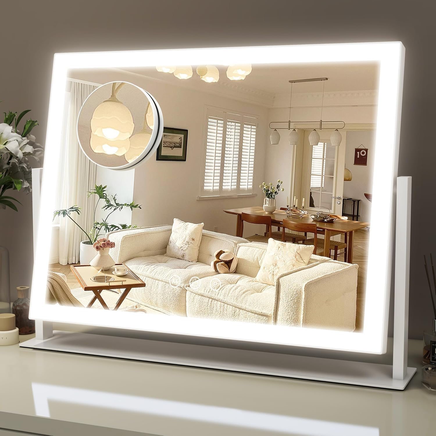 Lighted Makeup Mirror, 41X32Cm Hollywood Vanity Mirror with Lights, 10X Magnification, 3 Color Lighting Modes, Smart Touch Control, 360&deg; Rotation for Bedroom or Tabletop (White) image number 1