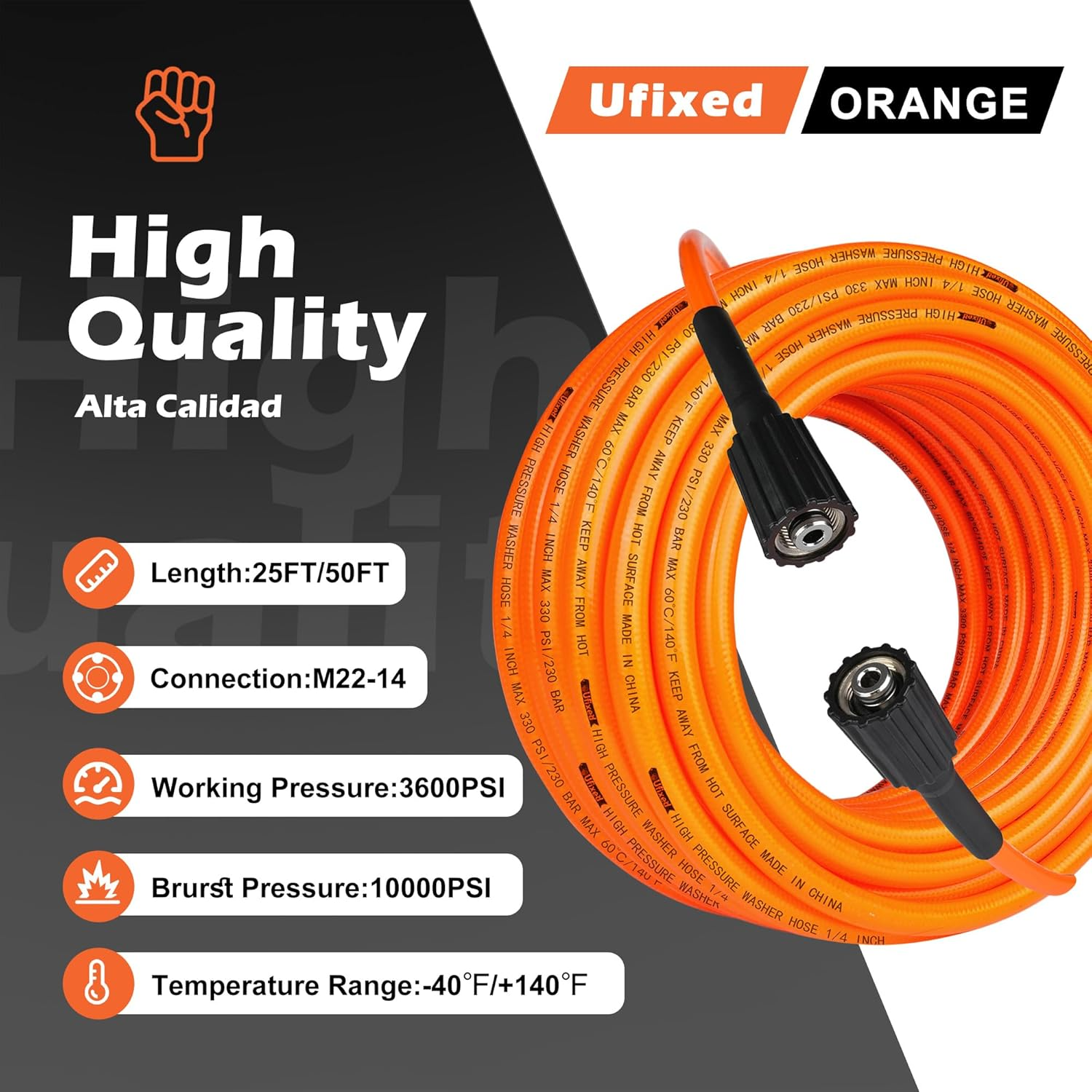 1/4" Pressure Washer Hose 25FT M22-14,3600Psi,Quick Connect,360&deg; Swivel,Kink-Resistant,Suit for Main Pressure Washer,Orange-Red image number 5