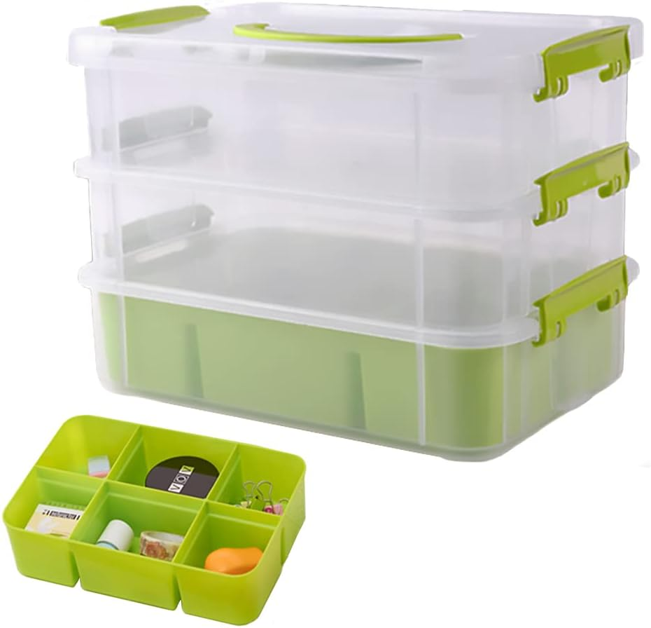 FOREVERIE Stackable Clear 3 Tier Arts & Crafts Plastic Storage Containers Large with a Six-Grid Tray, Portable Layered Embroidery & Sewing Box Organiser, Plastic Storage Box (Clear & Blue)