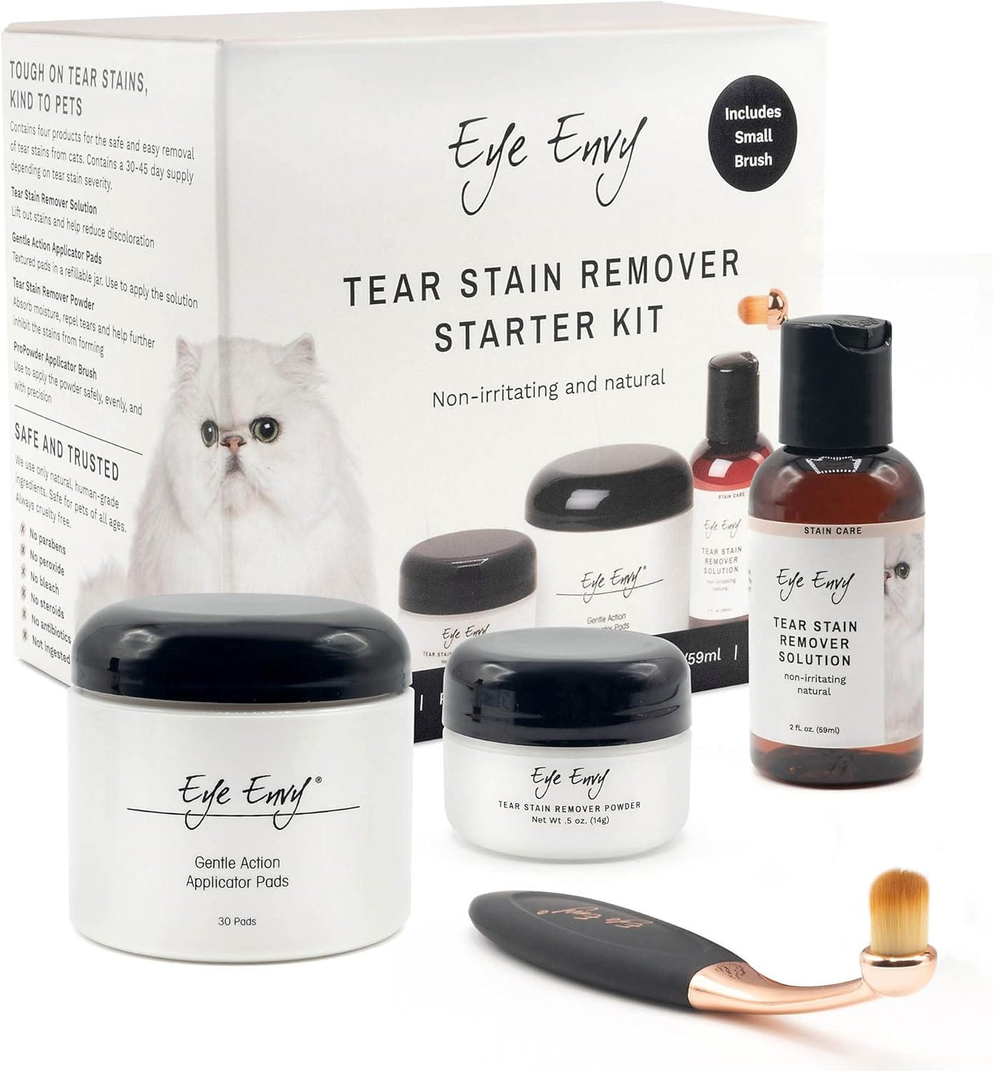 Eye Envy Cat Tear Stain Remover Starter Kit with Propowder Brush | Stain Solution, Applicator Pads, Stain Powder and Small Applicator Brush | Lasts 30-45 Days