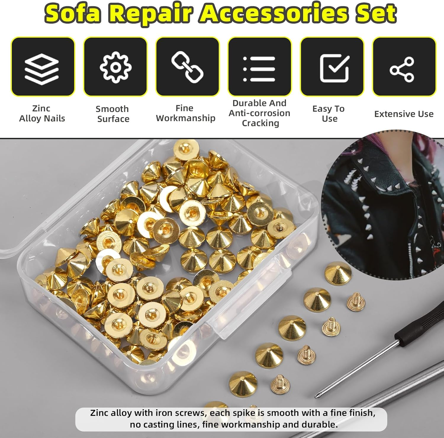 Mardatt 100 Sets 10Mm Gold Cone Spikes and Studs with Hole Puncher and Screwdriver, 4.7Mm Height Bullet Spike Cone Studs Screw Back Punk Studs and Spikes for DIY Leather Craft image number 3