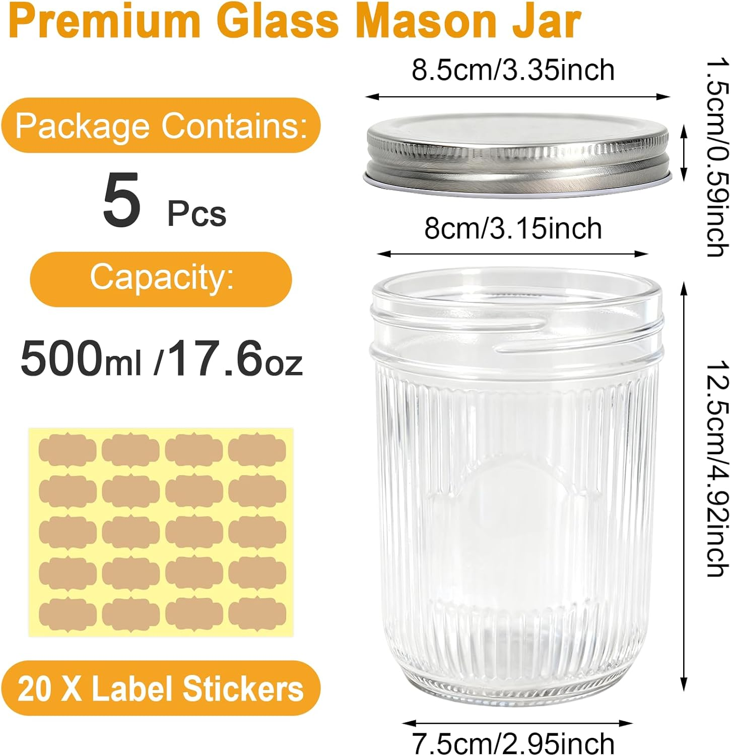 Acetiti 500Ml/17 Oz Glass Mason Jars with Silver Metal Lids, Set of 5 Vintage Wide Mouth Canning Jars with Labels for Overnight Oats, Food Storage, Jam, Honey, Pickling (500Ml-Vertical Stripes)