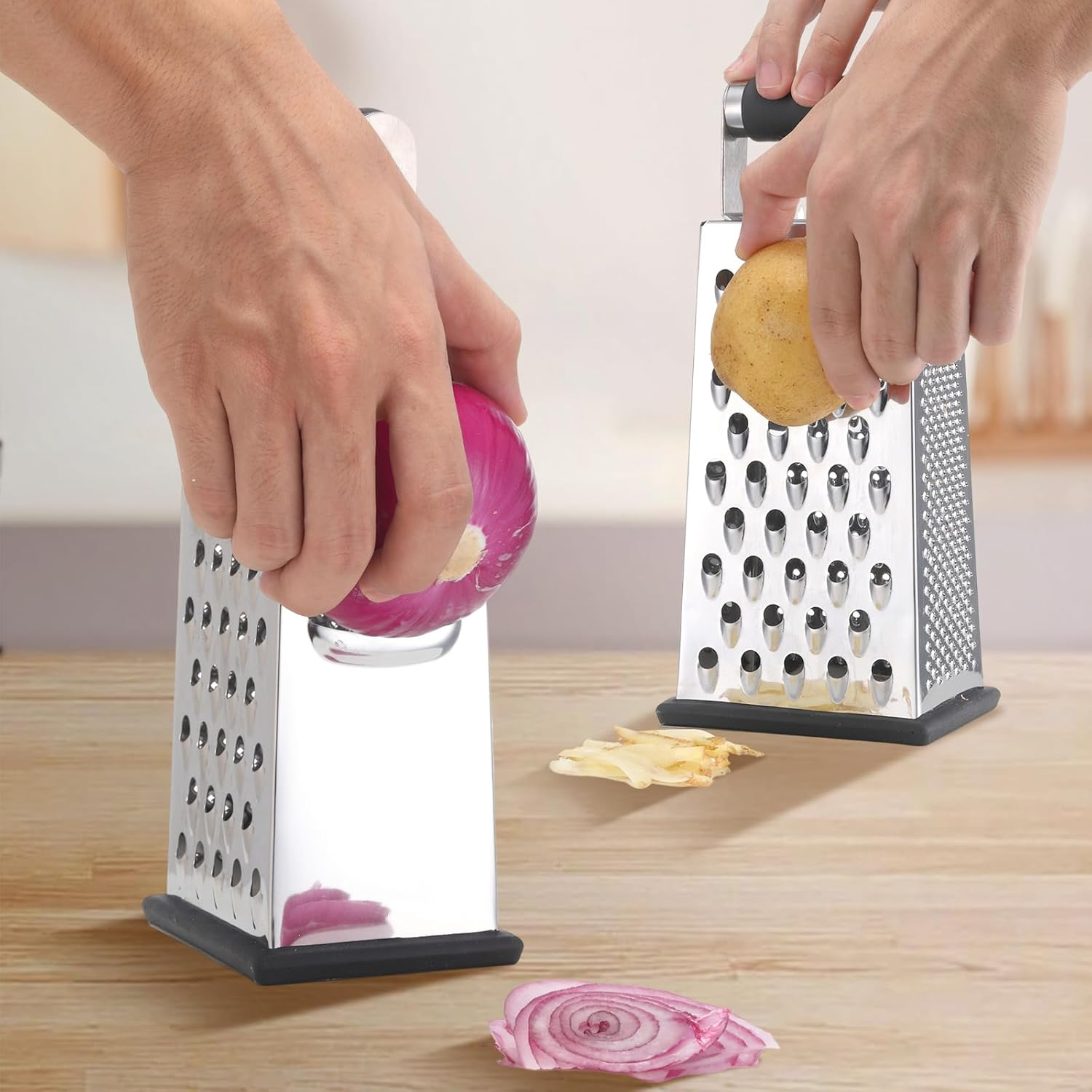 2 Pack, Cheese Box Grater & Handheld Cheese Grater Set, Stainless Steel Vegetable Slicer Food Shredder 4-Sided Convenience Gadgets with Lemon Zester Grater with Handle, Kitchen Gadgets and Tools image number 1