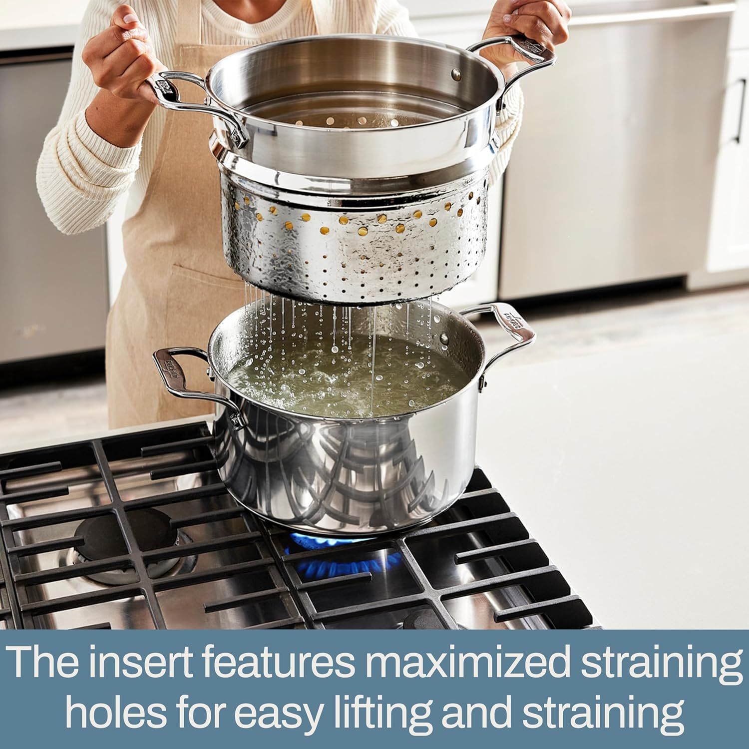 All-Clad Simply Strain Stainless Steel Stockpot, Multipot with Insert & Lid, 16 Quart Induction Oven Broiler Safe 600F, Strainer, Pasta Strainer with Handle, Steamer Pot, Pots and Pans, Silver image number 6