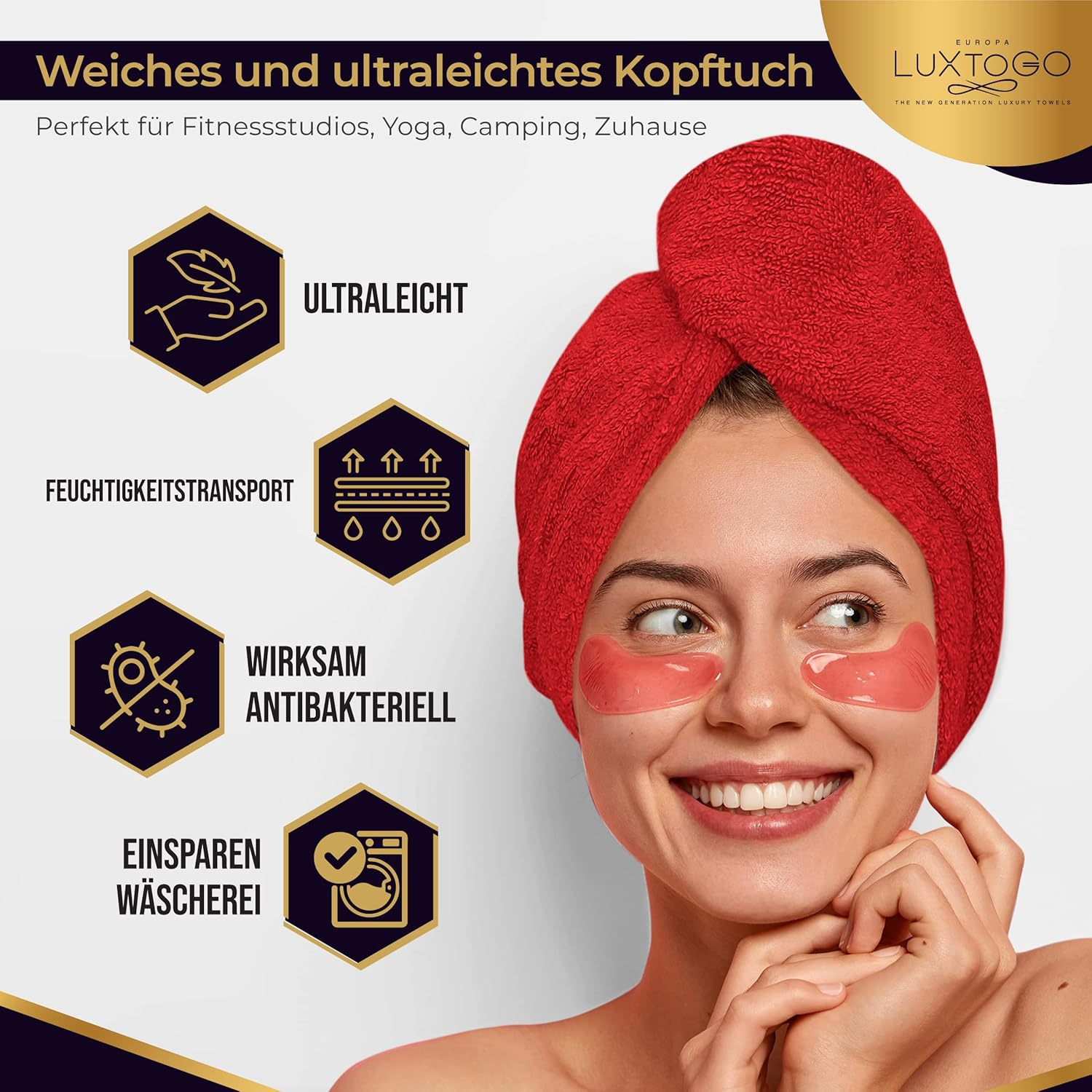 LUXTOGO&reg; Premium Hair Towel (430 G/M&sup2;) - 100% Cotton Turban with Button and Elastic, Super Absorbent (2 Pieces White + Red) - 1 X White. image number 4