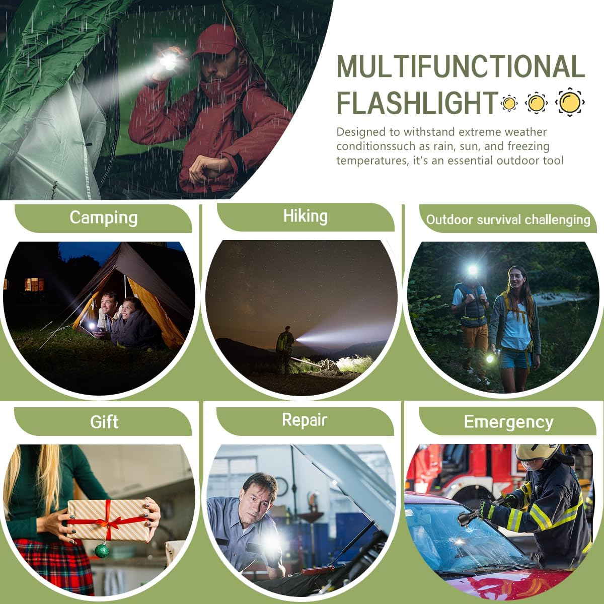 Serjur Rechargeable Solar Powered Flashlight,Multi Function LED Tactical Flashlight with Glass Breaker,Seatbelt Cutter,Alarm and Phone Charger,Powerful Handheld Flashlights for Emergencies Camping image number 3