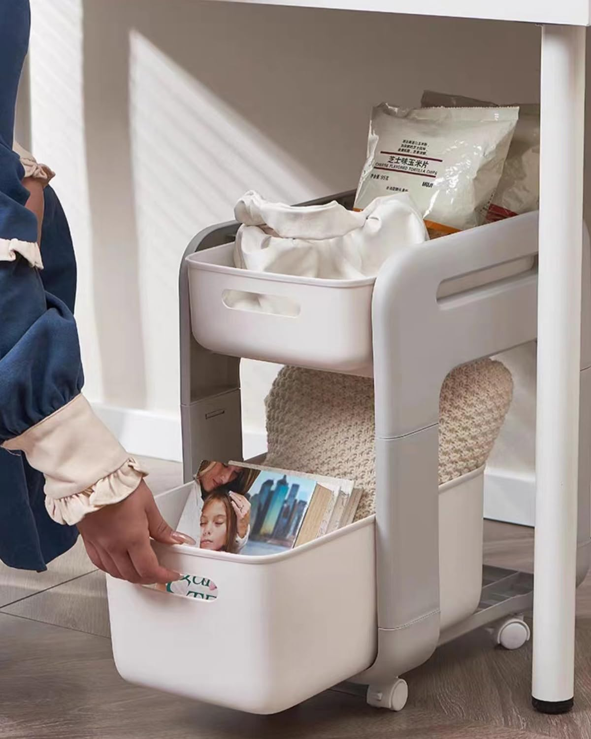 2 Tier Organizer Basket Under-Sink Storage Pull-Out Sliding Drawer Rolling Cart Trolley with Lockable Wheel for Kitchen Bathroom Bedroom Office Pantry (Big Size) image number 6