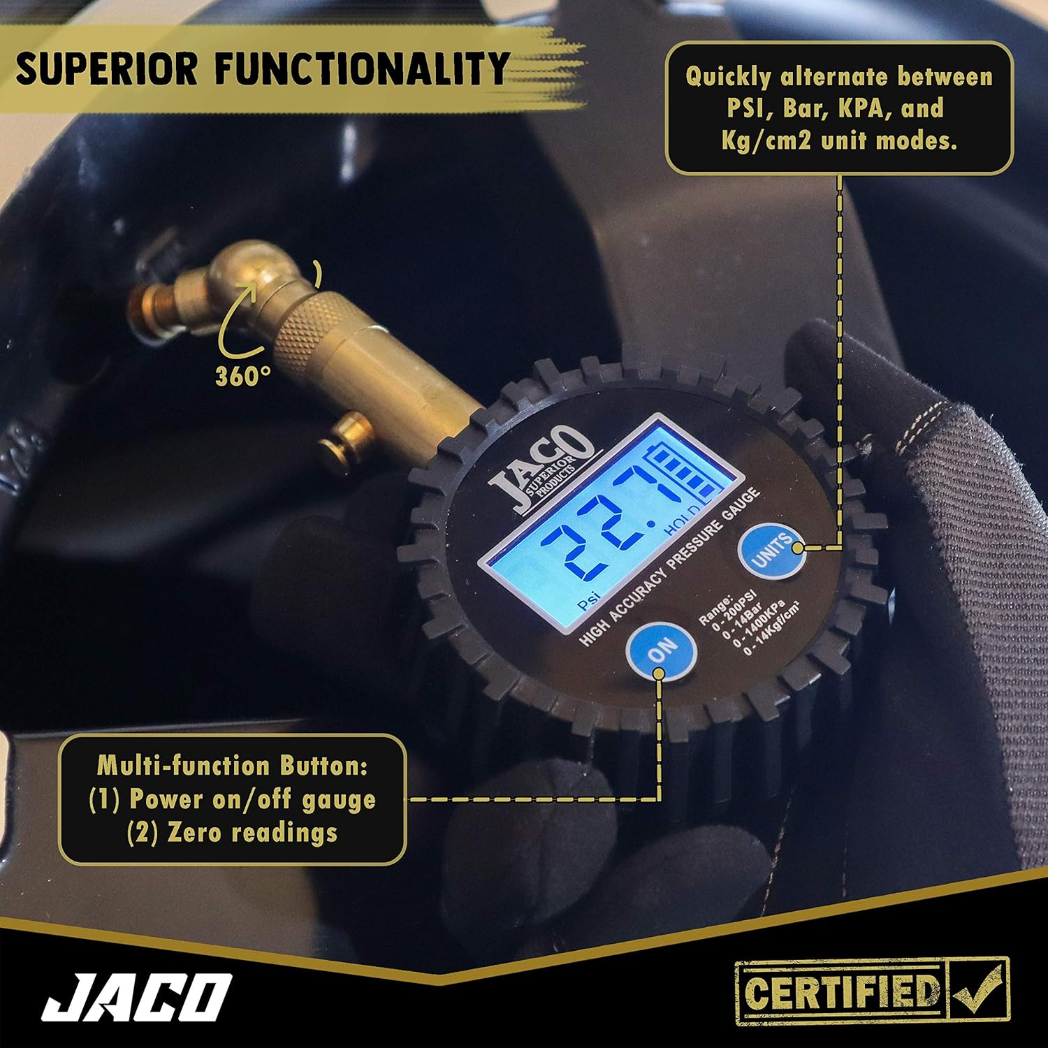 JACO Elite Digital Tire Pressure Gauge - Professional Accuracy - 100 PSI