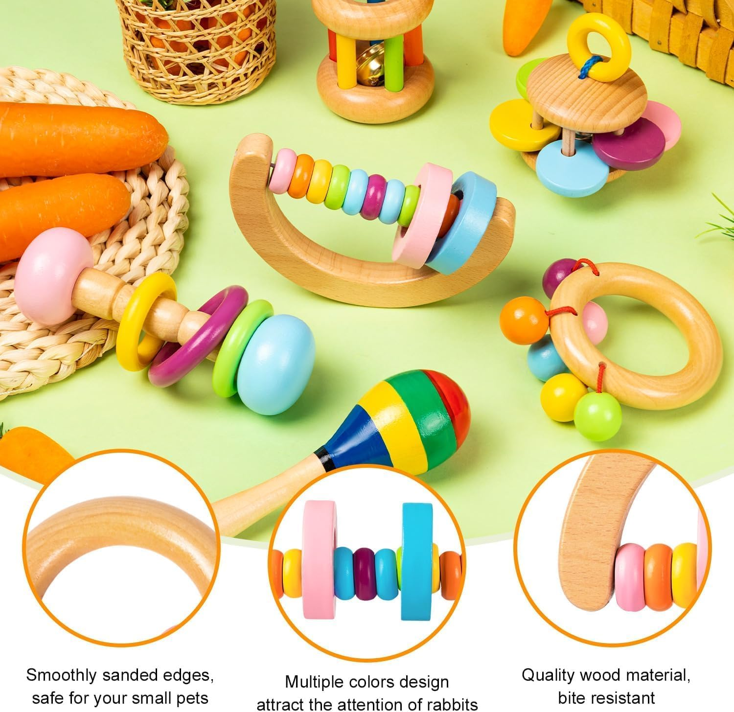 6 Pcs Wooden Bunny Toys Set, Safe Bite-Resistant Rabbit Toys Guinea Pigs Toys for Small Animals Chinchillas Hamsters, Bunny Gifts Indoor Outdoor image number 6