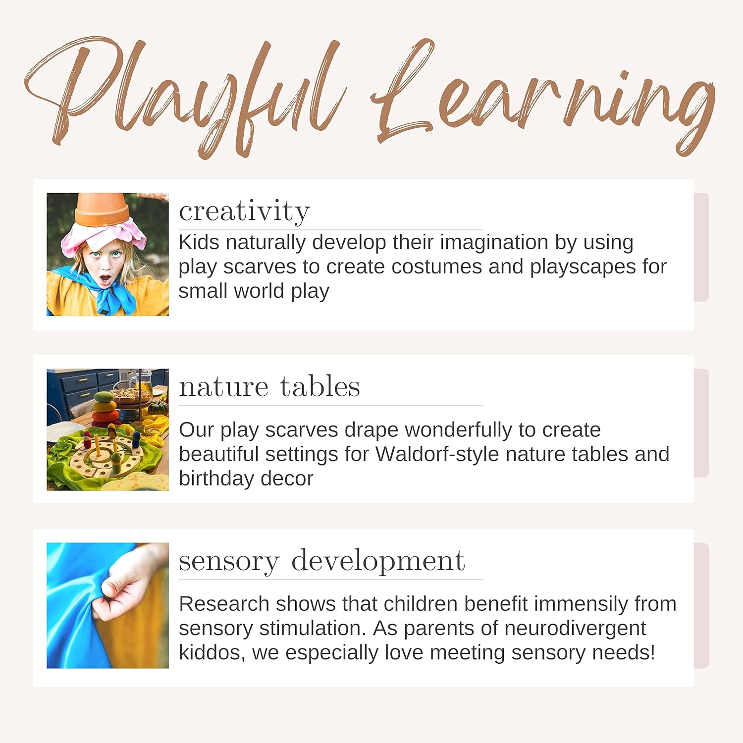 Melodie Naturals Play Scarves &ndash; Fun and Colorful Dress up Scarves for Kids &ndash; Ideal for Montessori and Waldorf Activities &ndash; 7Pc Vegan Play Silks image number 2