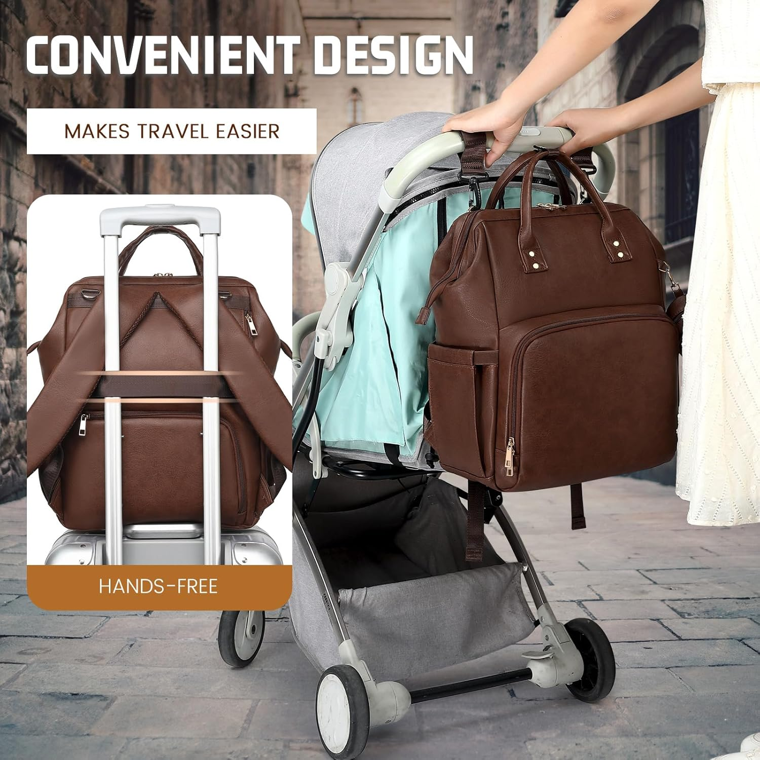 Vegan Leather Diaper Bag Backpack for Boy Girl with Changing Pad and Pacifier Case