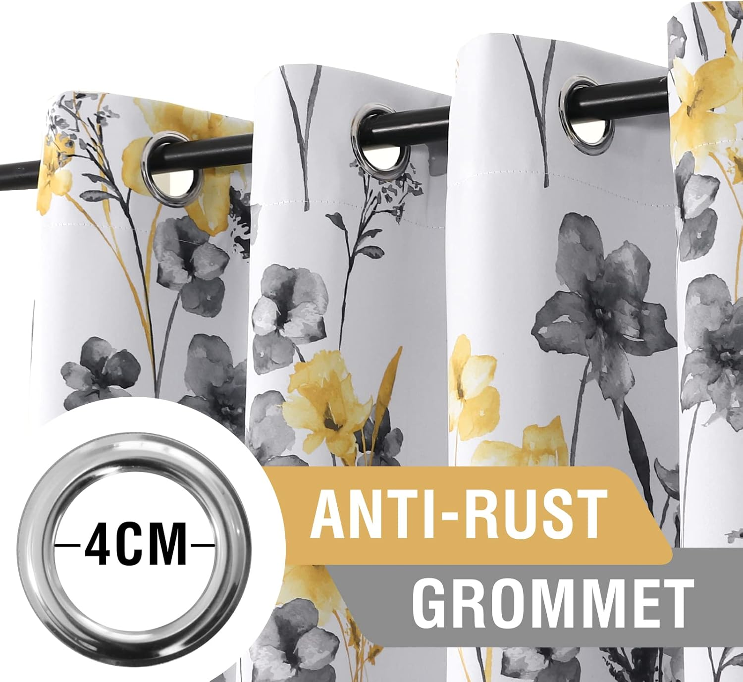 Princedeco 100% Blackout Curtains 2 Panels Set Cattleya Floral Printed Drapes Leah Floral Thermal Curtains for Bedroom with Black Liner Sound Proof Curtains,Grey and Yellow W132Cm X D213Cm image number 3