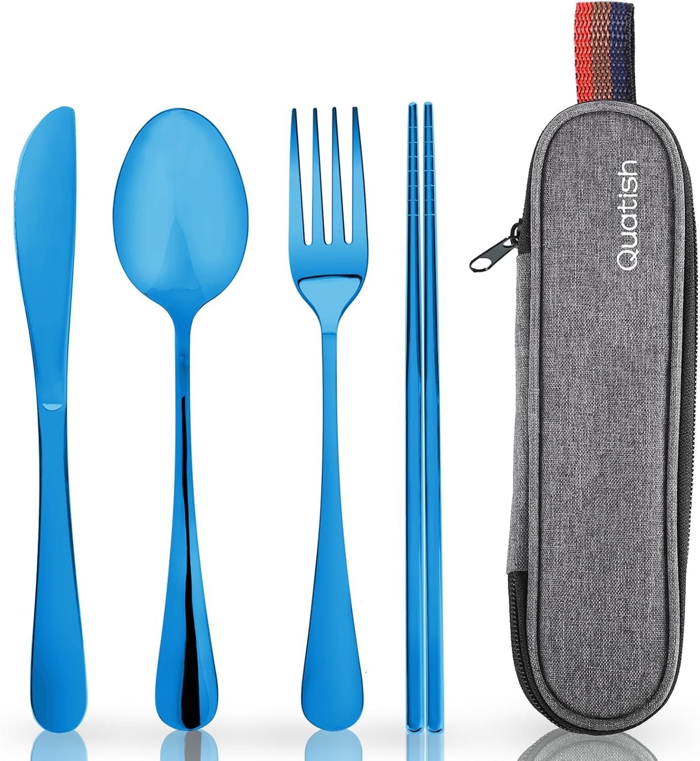 Travel Utensils with Case, Quatish Portable Utensil Set for Work, Stainless Steel Reusable Travel Cutlery Set, Spoon and Fork Set for Camping, Picnic, Gadgets, Men Lunch Box, Rainbow