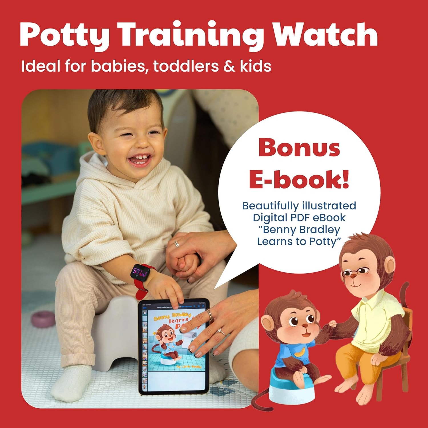 Potty Training Watch for Kids V2 &ndash; a Water Resistant Potty Reminder Device for Boys & Girls to Train Your Toddler with Fun/Musical & Vibration Interval Reminder with Potty Training Ebook (Racer Red)