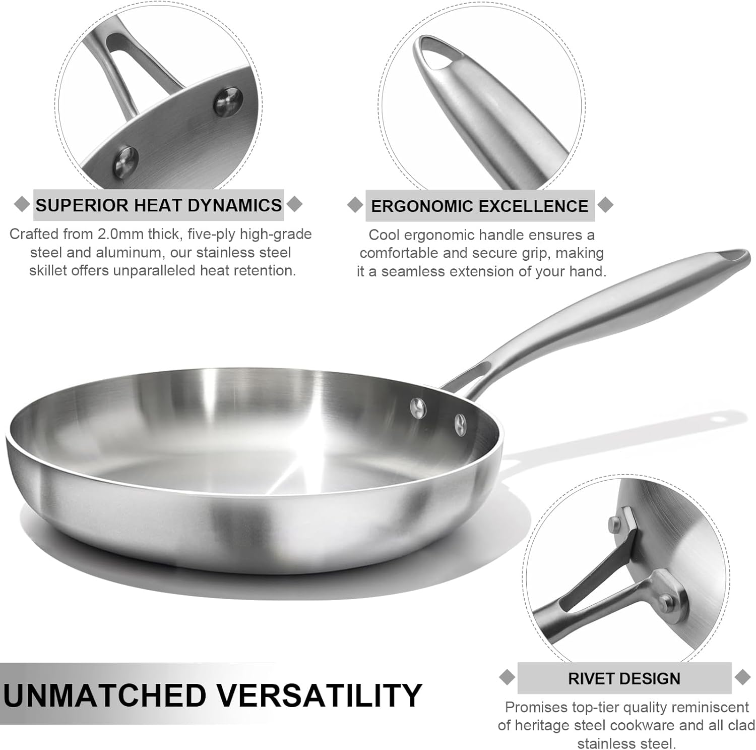 Stainless Steel Frying Pan Wok Nonstick Pan Fried Steak Pot Uncoated Kitchen Cookware for Gas Stove and Induction Cooker (22CM) image number 1