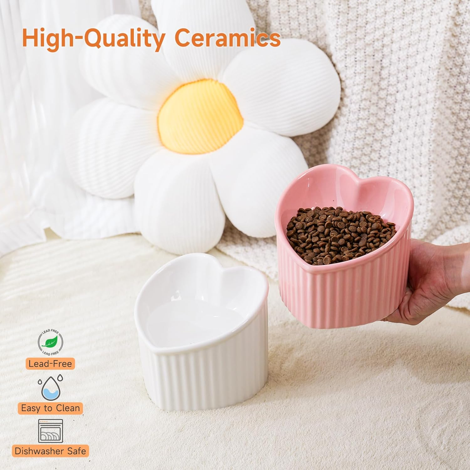 Yauyik Tilted Elevated Food Water Bowls Set of 2 - Ceramic Raised Cat Bowls - Pet Feeding Bowl Backflow Prevention for Cats Small Dogs, White & Pink