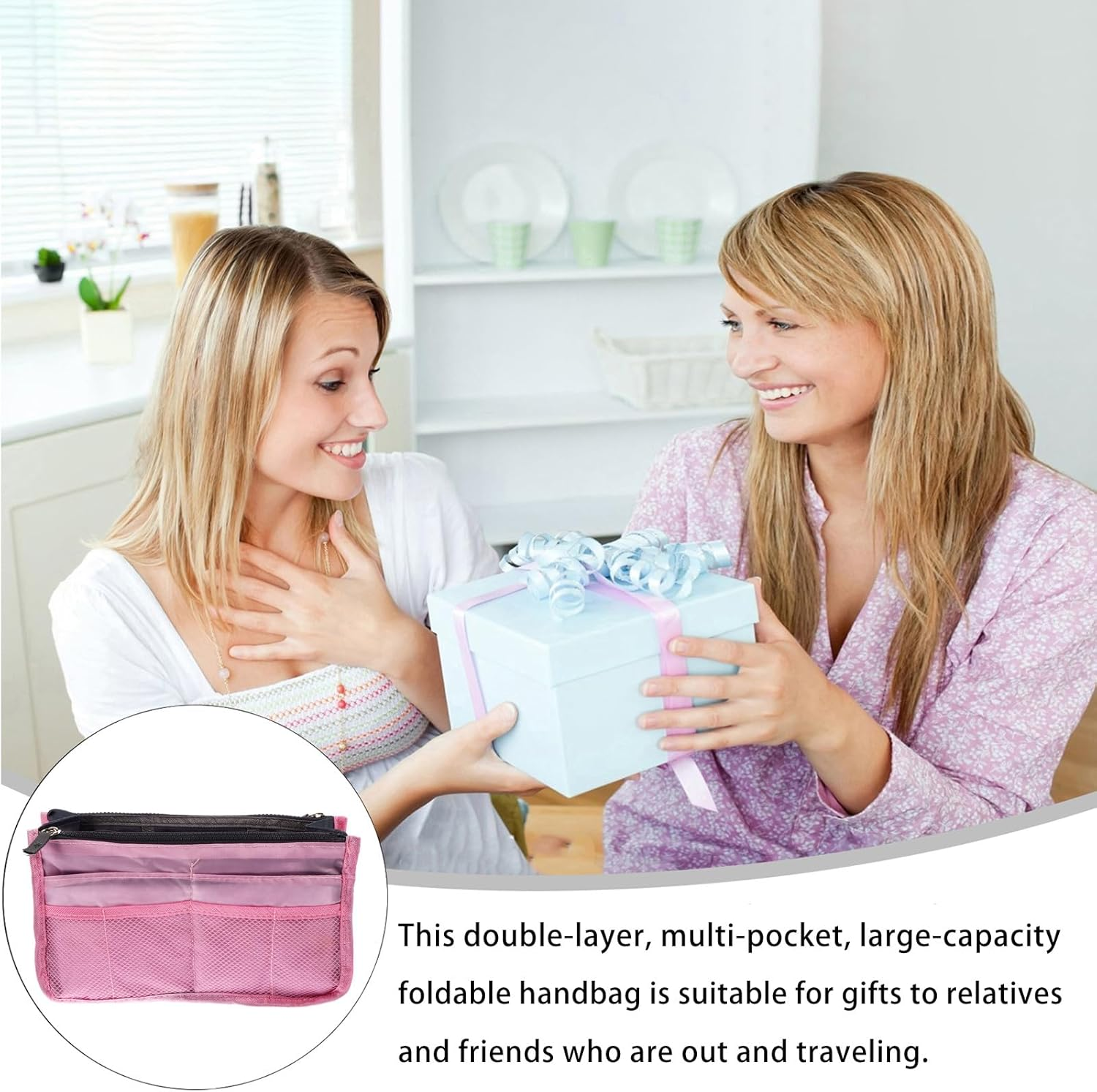 SWETRACE Large Capacity Foldable Pink Tote Bag Liner with Dual-Layer Multi-Pocket Design, Portable Nylon Cosmetics Storage Bag for Travel Toiletries and Makeup Organizer image number 4