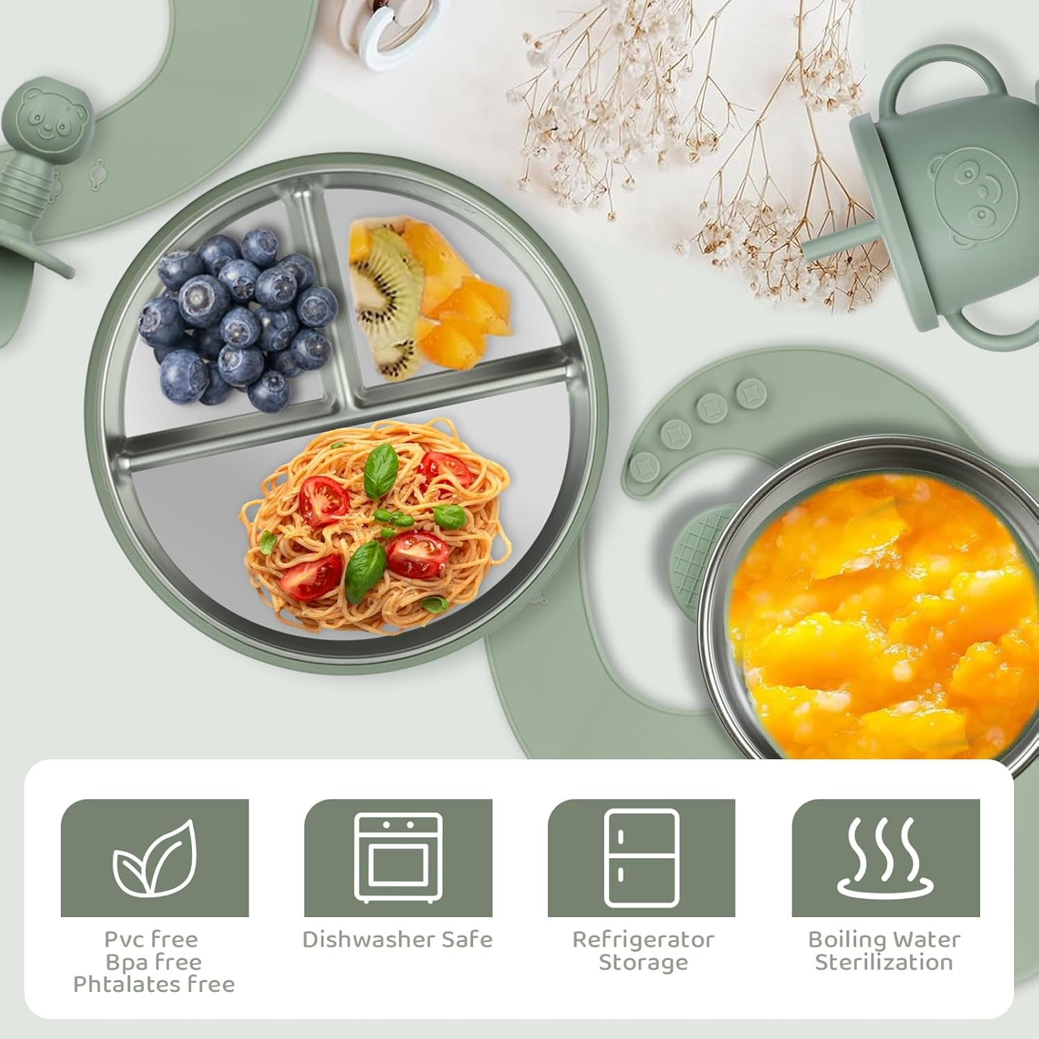 10Pc Baby Feeding Set | Stainless Steel Divided Plate&Suction Bowl with Removable Silicone Suction Base, Silicone Bib, Sippy Cup with Lid, Forks Spoons Snack Container for Baby Led Weaning Supplies image number 1