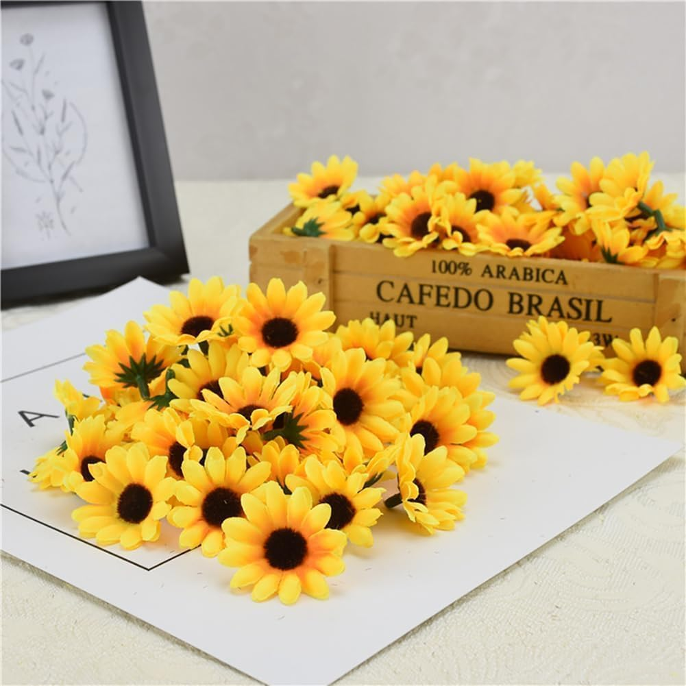 Jjlfresheners 100Pcs Yellow Artificial Flower Heads Mini Fake Sunflower Decorative Fabric Flowers Craft Floral Embellishments for Wreaths Wedding Artificial Flowers Home D&eacute;cor Products image number 4