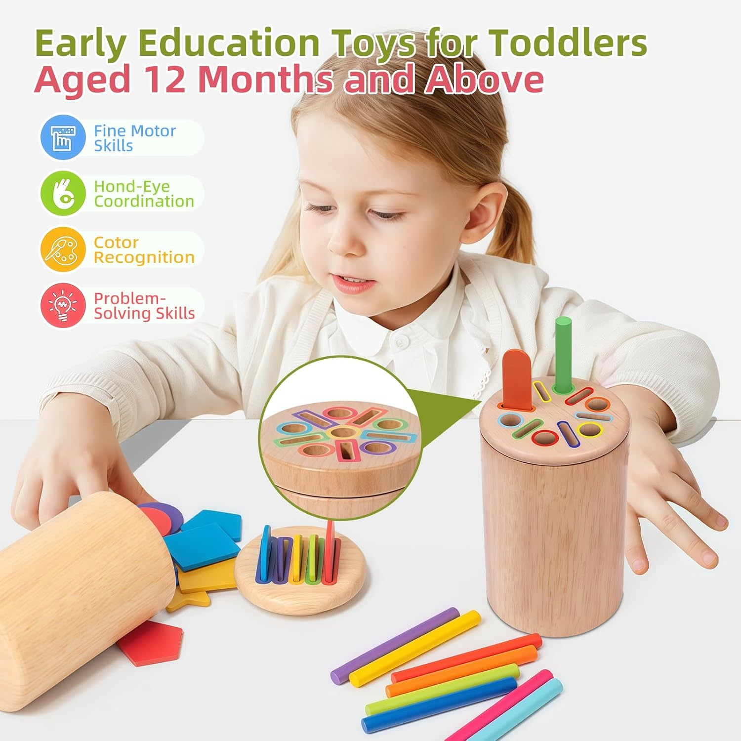 Montessori Toys Toddlers 1-3 Year Old Wooden Learning Color Sorting Toys, Kids Wooden Fine Motor Skills Toy Set, Fine Motor Developmental Sensory Training and Educational Game for Boys and Girls image number 4