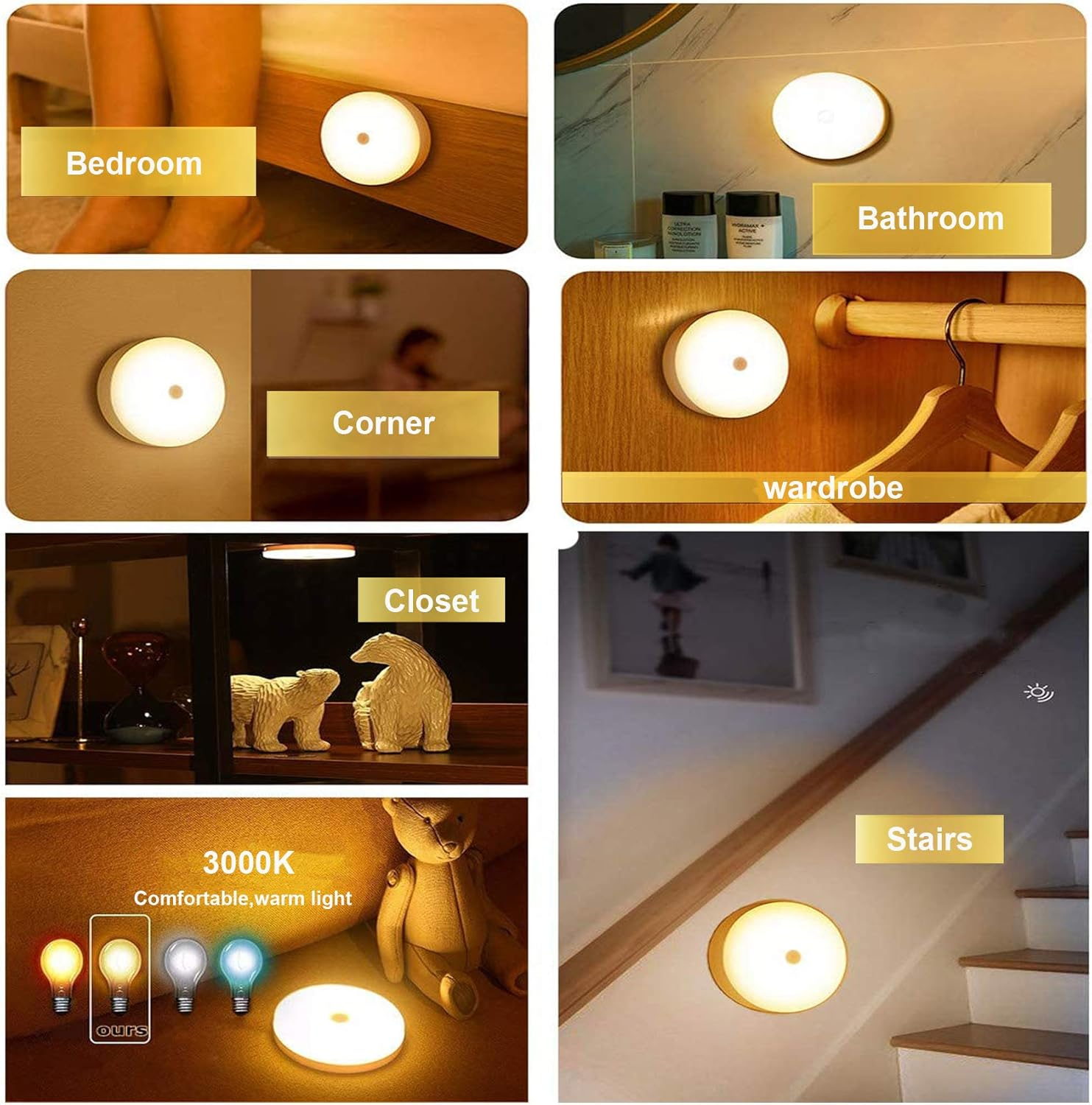 AUTENS 5 Pack Motion Sensor Night Lights,Usb Rechargeable Path Night Lighting, 8 LED Beads Motion Detect Warm Light Stick on Closet Toilet Bathroom Stair Wall Hallway Cabinet Indoor Lights. (3000K) image number 4