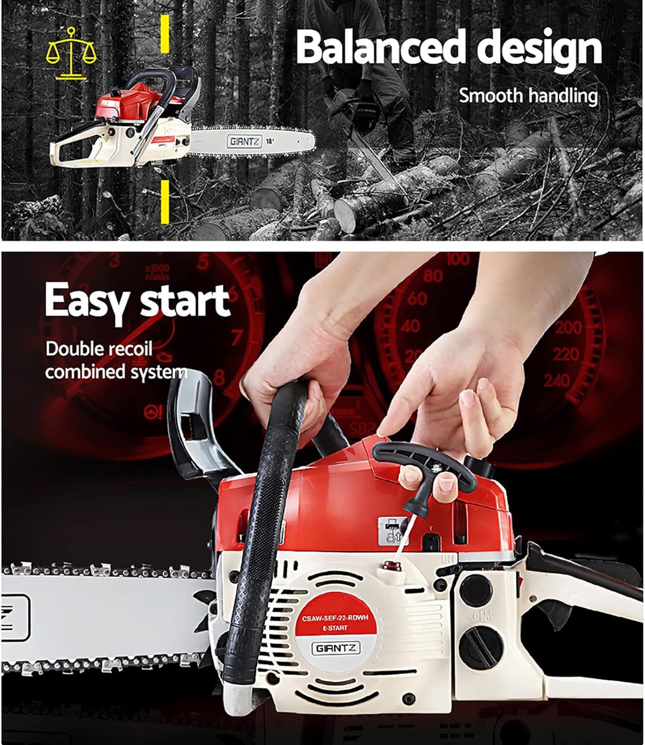 Giantz Chainsaw, 75Cc Cordless Petrol Hand Power Chain Saw Home Garden Farm Tree Gear, with Cover Self Cooling Flywheel Auto-Throttle Locking 18&rdquo; Bar E-Start image number 2