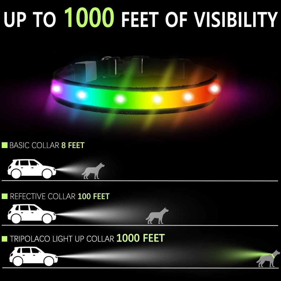 TRIPOLACO Light up Dog Collars, Waterproof Rechargeable Led Dog Collar, Glow in the Dark Dog Collars for Night Walking, Multicolor Lighted Dog Collars for Small Medium Large Dogs - Black, L image number 6
