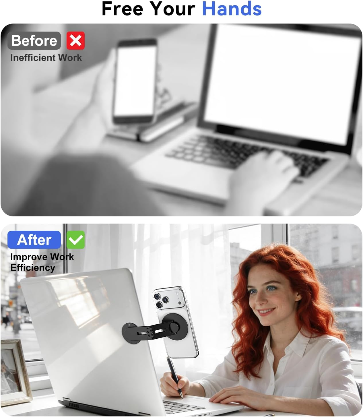 ALAFLY Magnetic Laptop Phone Holder Compatible with Magsafe Iphone, Dual-Axis 180&deg; Adjustable Side Phone Mount, Slim Portable Foldable Stand for Computer/Tesla/Monitor/Treadmill, Black image number 3