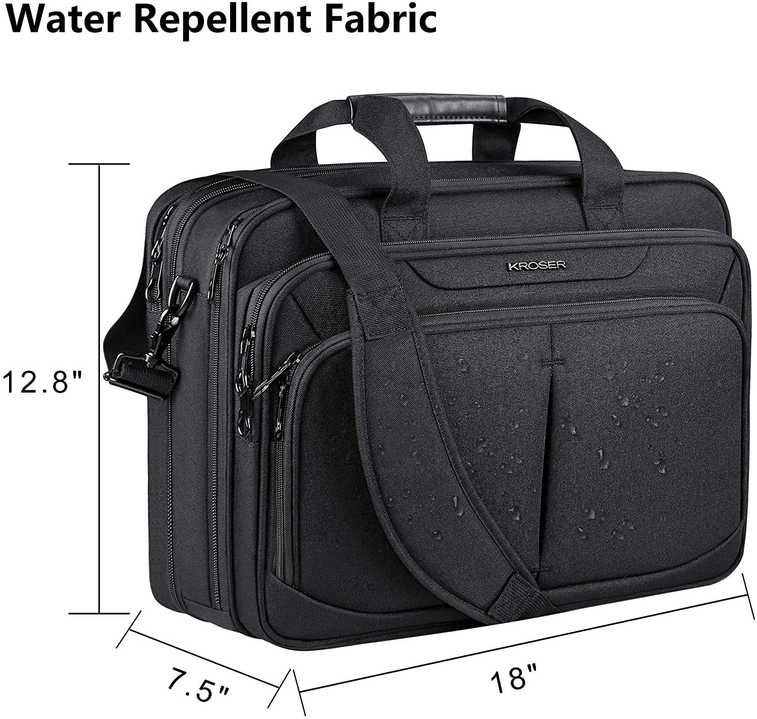 KROSER Laptop Bag 18" Expandable Lightweight Briefcase for 17.3" Laptop Premium Business Work Bag Water-Repellent Messenger Bag with RFID Pockets for School/Travel/Women/Men-Black image number 6