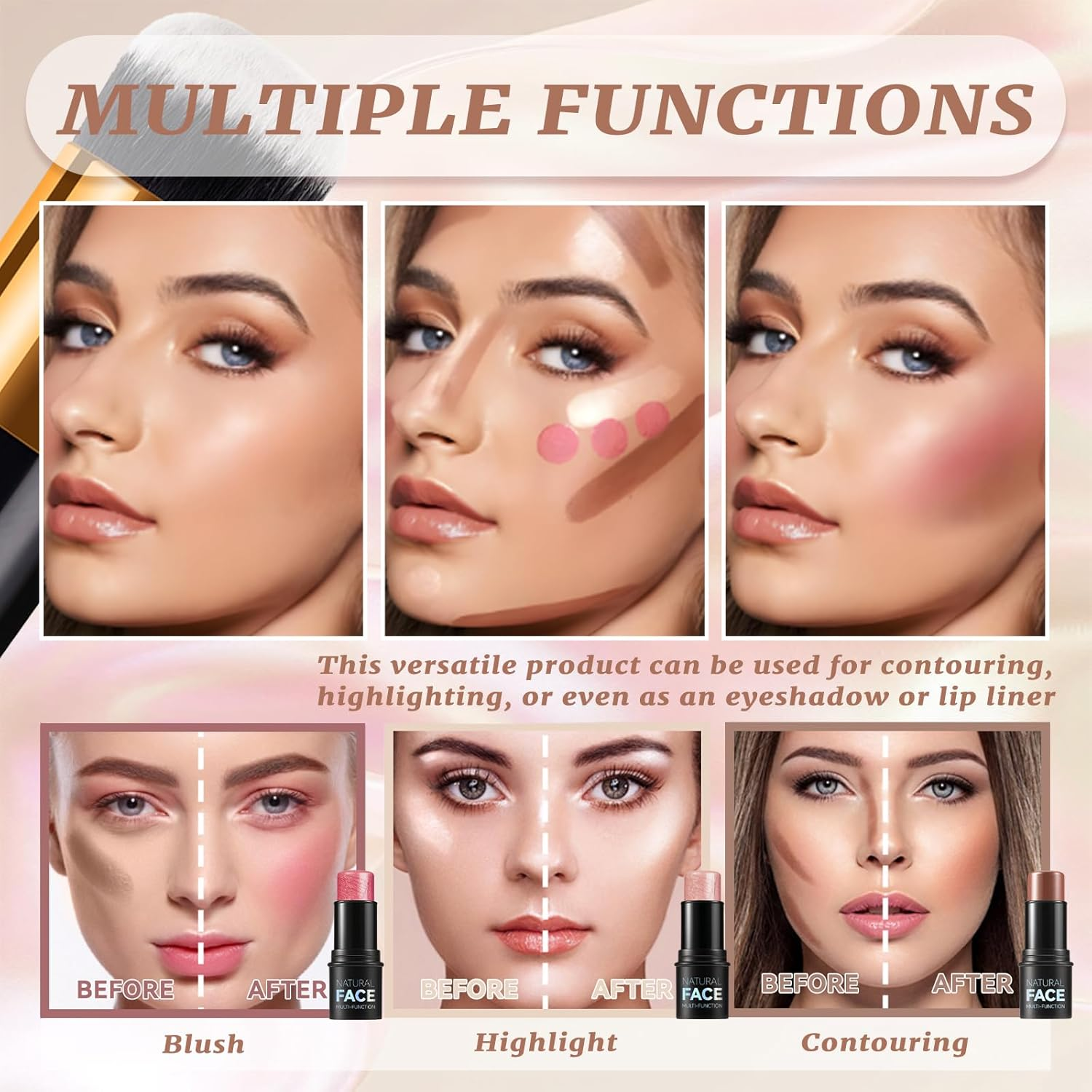 MKNZOME 3 Pcs Cream Contour Sticks, Shades with Highlighter Stick Bronzer Stick Blush Stick for Cheeks, Lips, Highlighter Makeup with Makeup Brush for Sculpt the Cheeks, Long Lasting, Waterproof image number 6