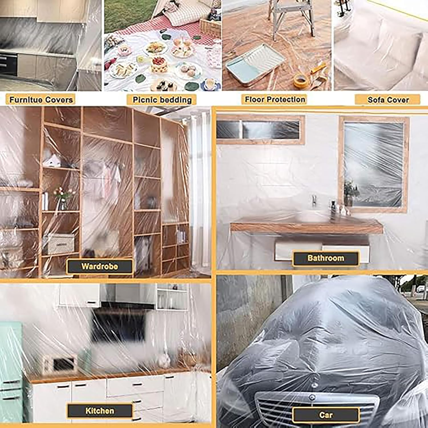 1Roll Plastic Drop Cloth Plastic Sheeting, 0.55X20M Dust Sheets Roll Plastic Masking Film Rolls Drape Masking Film, Adhesive Dust Sheet Roll for Automotive Painting Covering image number 1