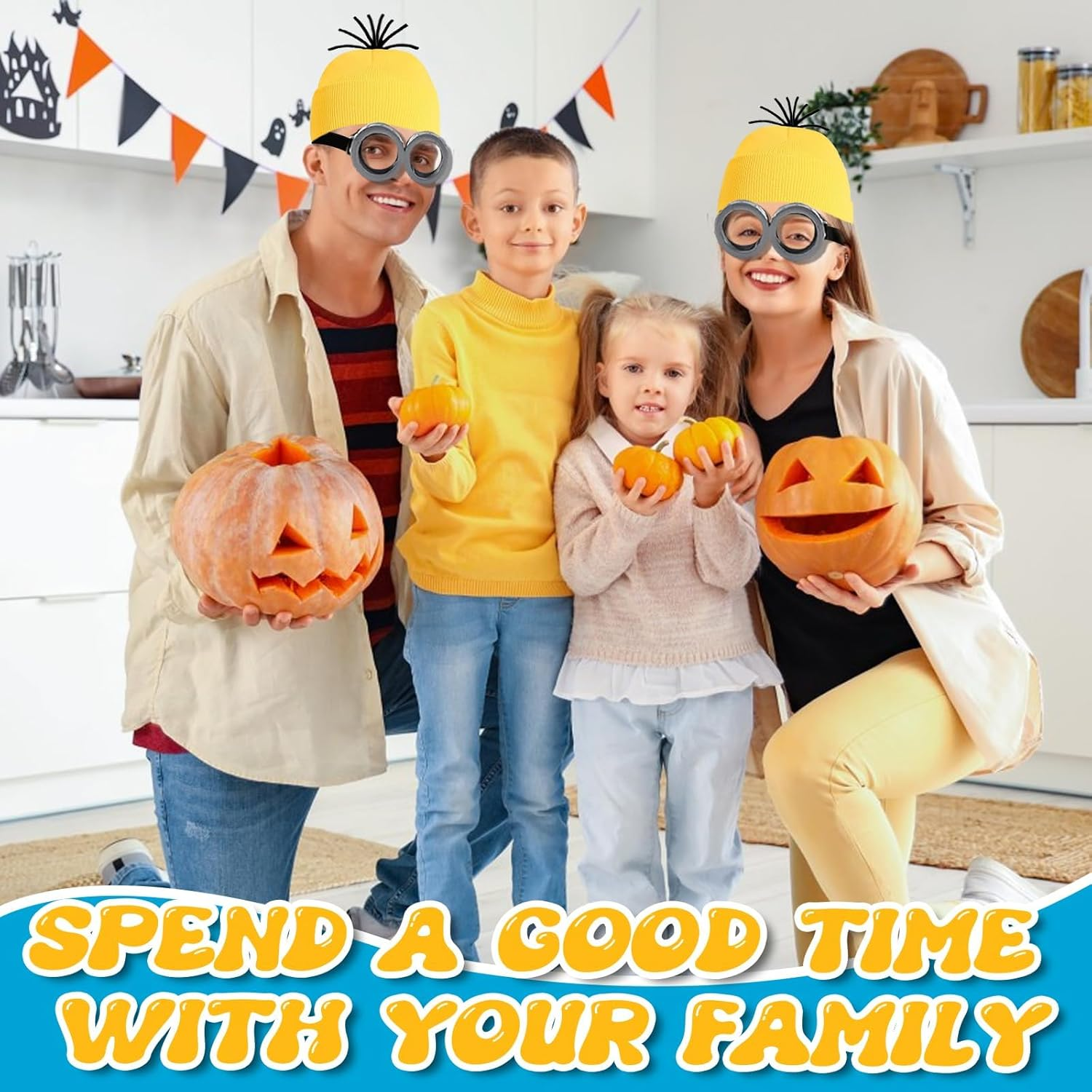 5PCS Yellow Costume Accessories, Fancy Dress Set with Eanie Knit Hats Goggles Gloves Blue Straps for Adult Halloween Cosplay Party World Book Day Dress up Outfits